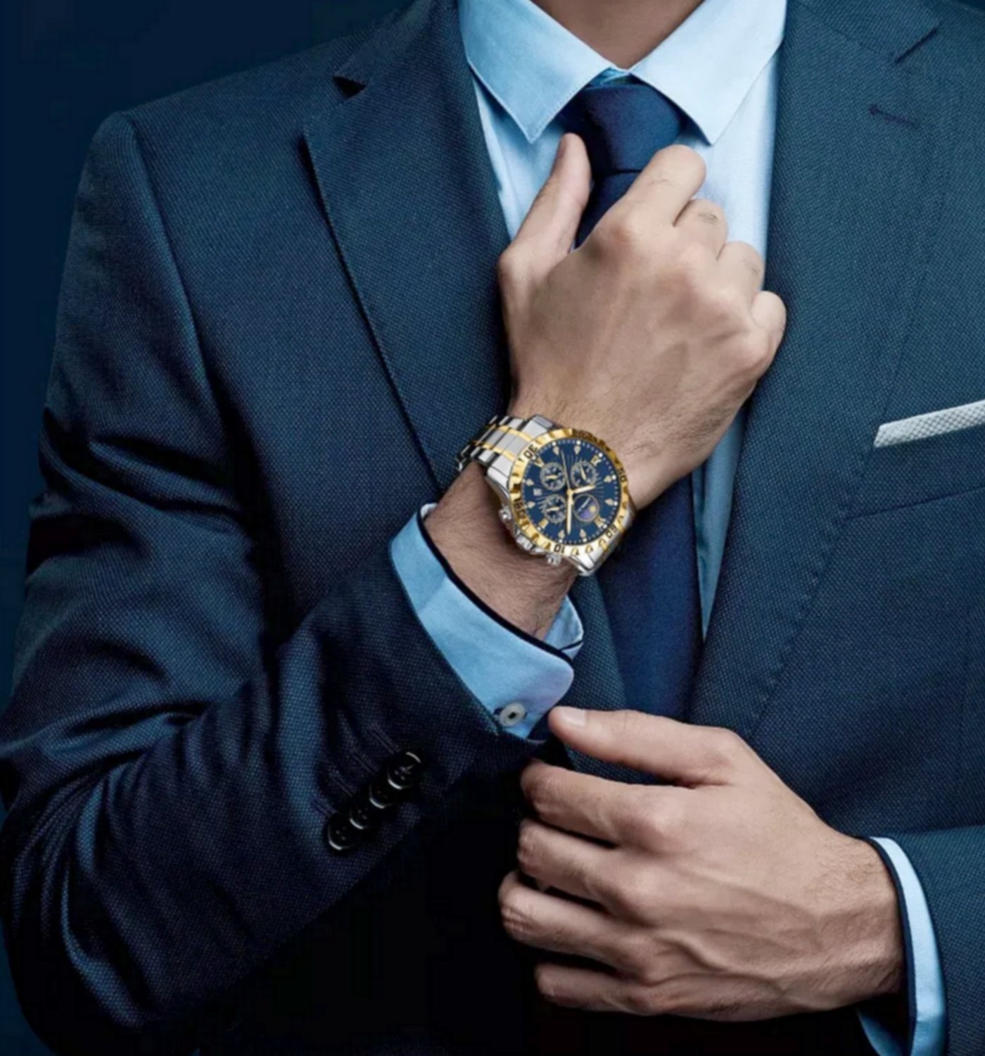 Relogio de Pulso Quartzo Masculino Multifuncional em Aco Inoxidavel Impermeavel  Azul 3