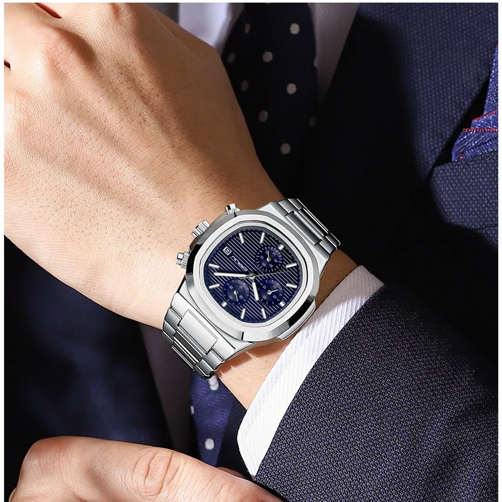 Relogio de Pulso Masculino Analogico com Pulseira de Aco Inoxidavel Impermeavel 3ATM Azul 3