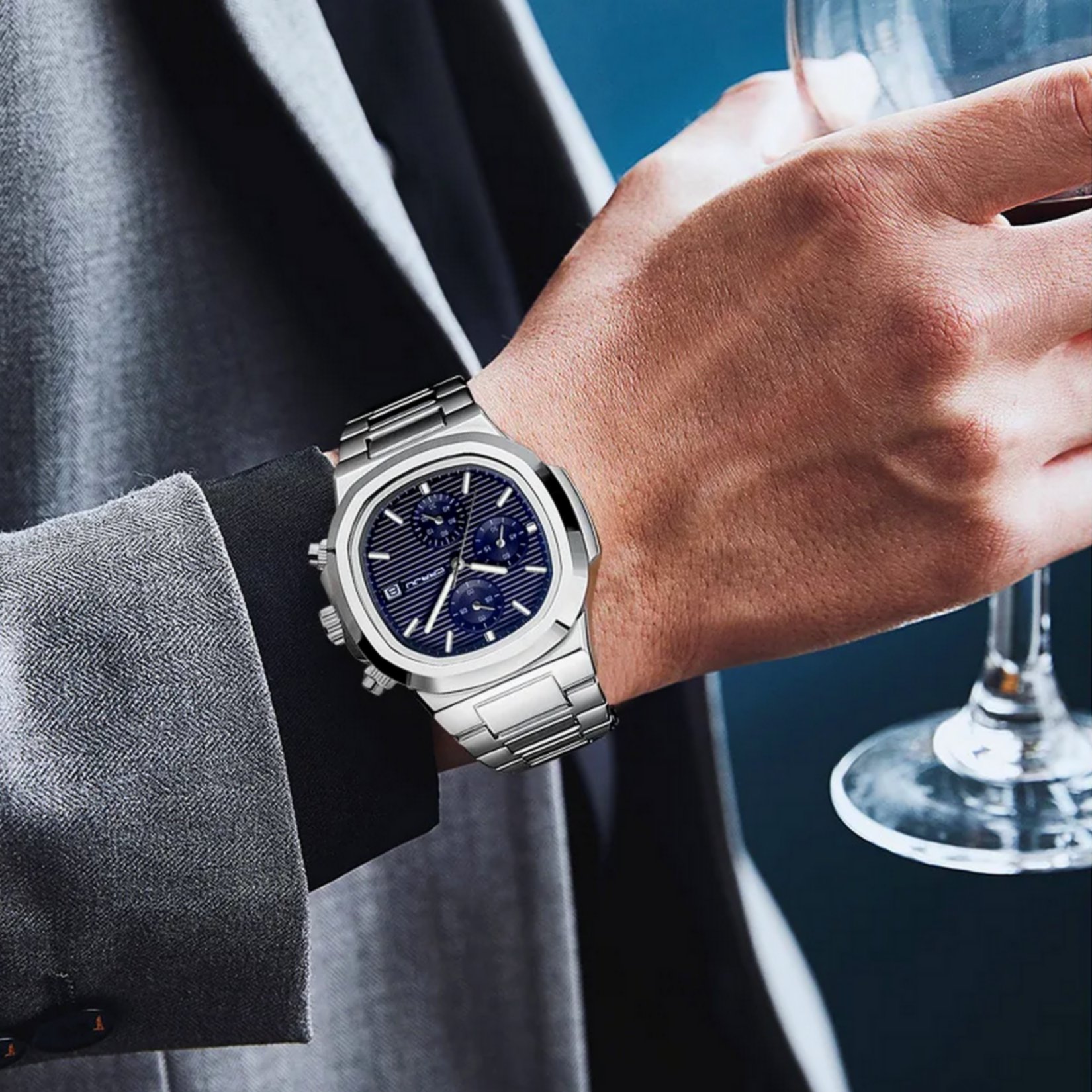 Relogio de Pulso Masculino Analogico com Pulseira de Aco Inoxidavel Impermeavel 3ATM Azul 4