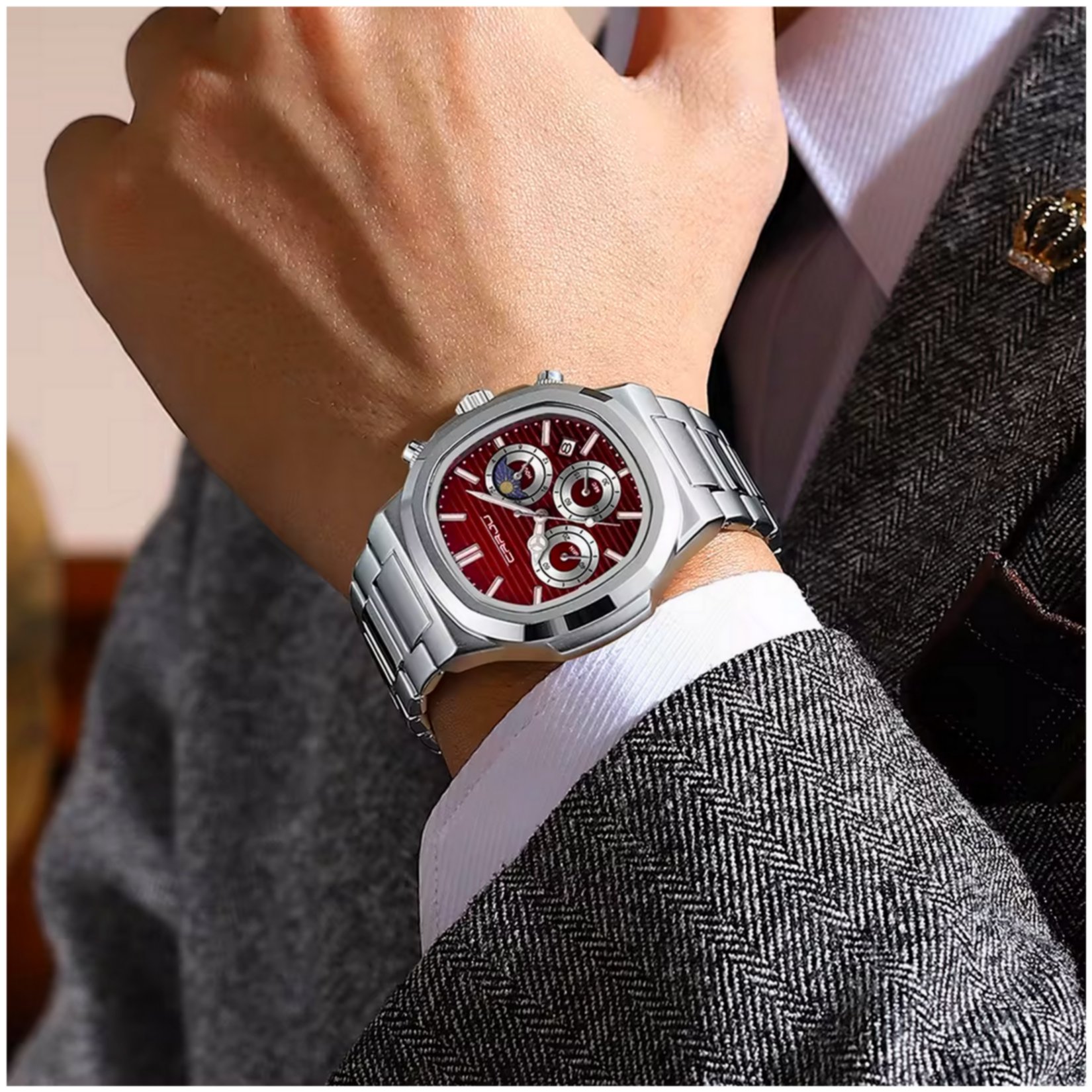 Relogio Masculino Quadrado em Aco Inoxidavel Casual Impermeavel Quartzo Vermelho 2