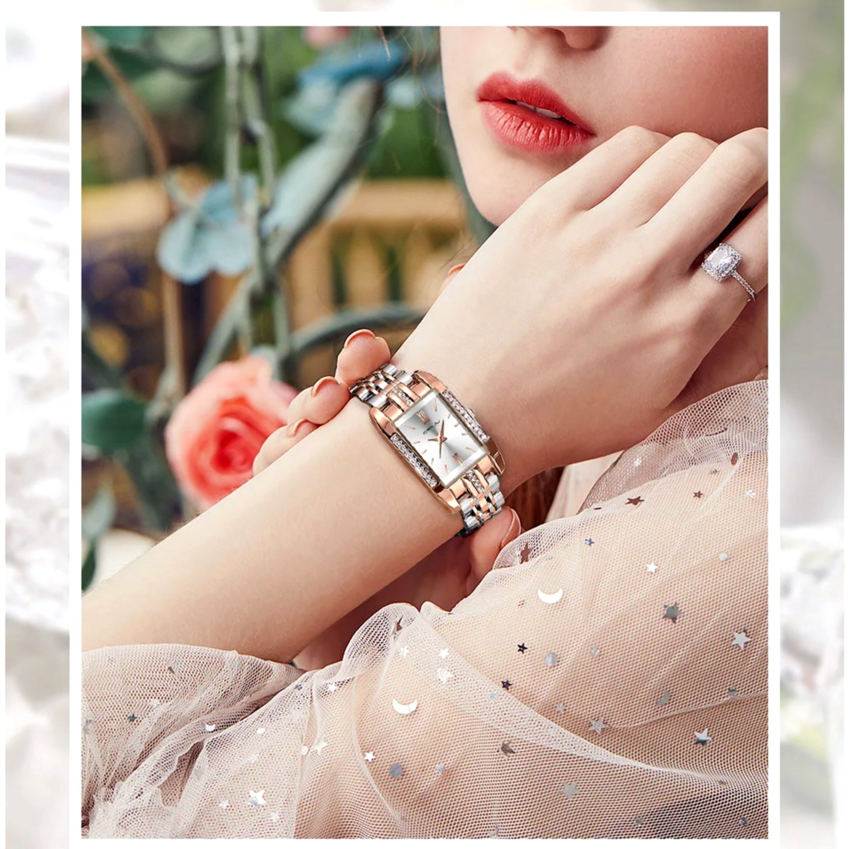 Relogio de Quartzo Feminino Design Quadrado  Bracelete de aco inoxidavel Impermeavel 3atm  Prata 2