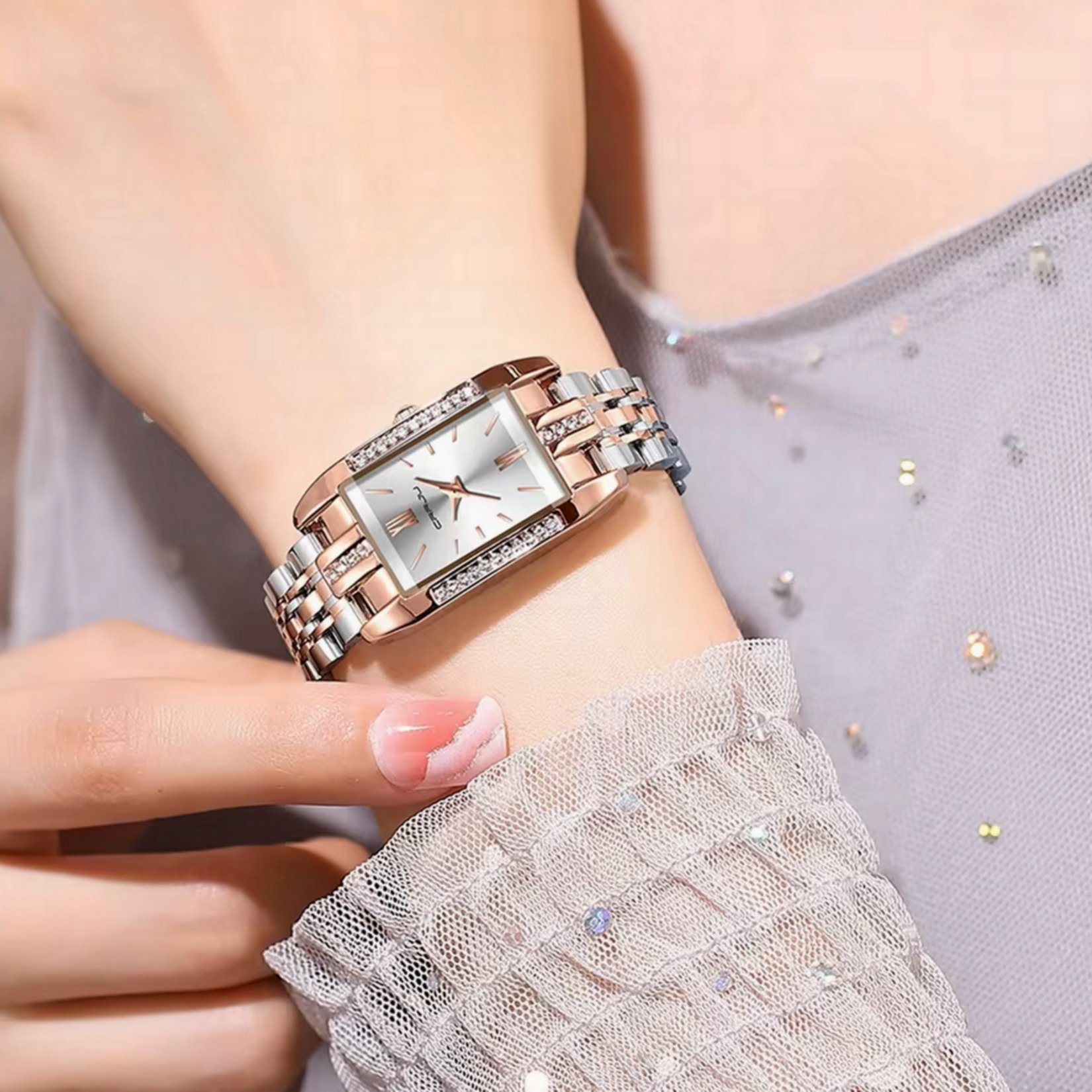 Relogio de Quartzo Feminino Design Quadrado  Bracelete de aco inoxidavel Impermeavel 3atm  Prata 4