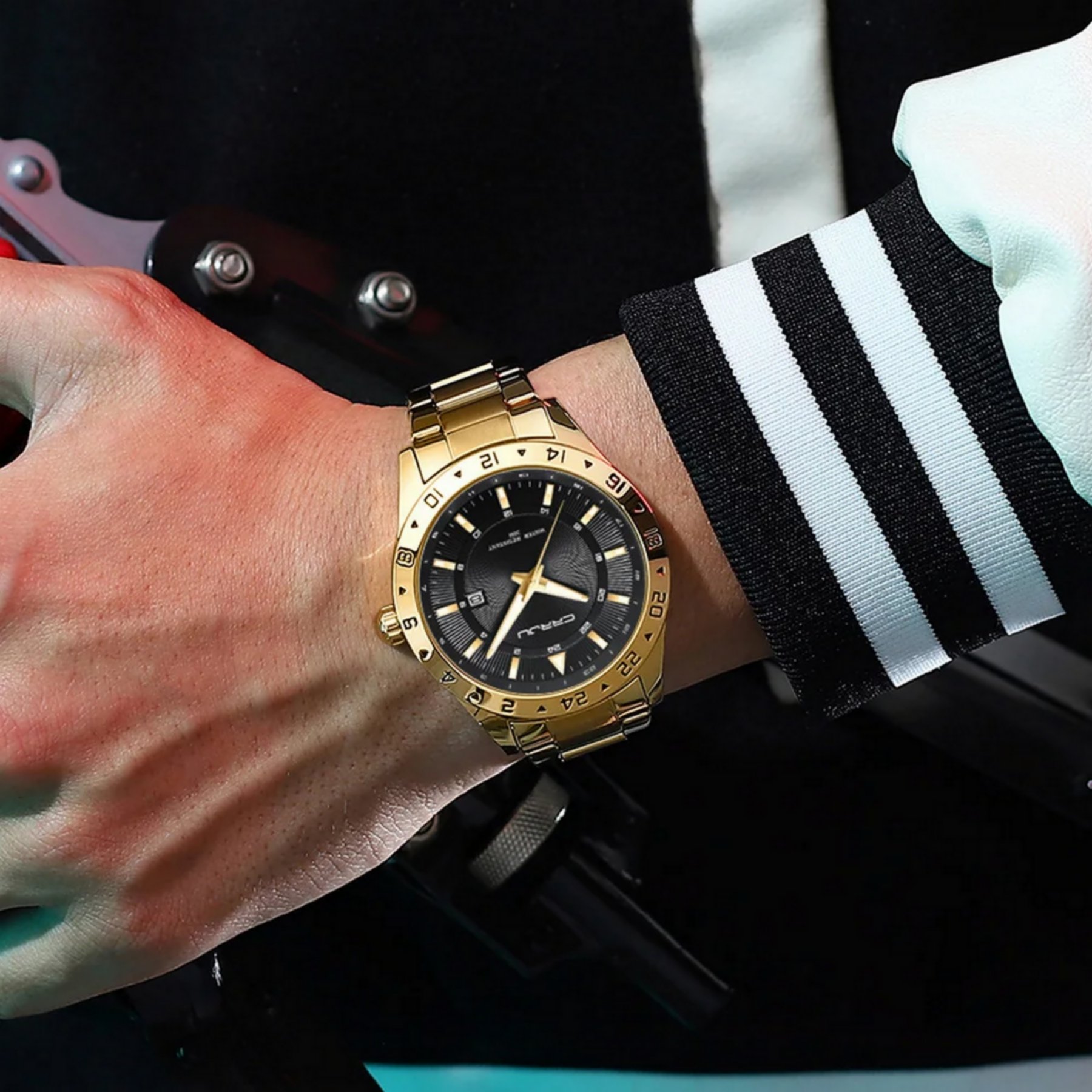 Relogio de Pulso Masculino Quartzo Design Esportivo Impermeavel 3atm Data Automatica Dourado/Preto 2