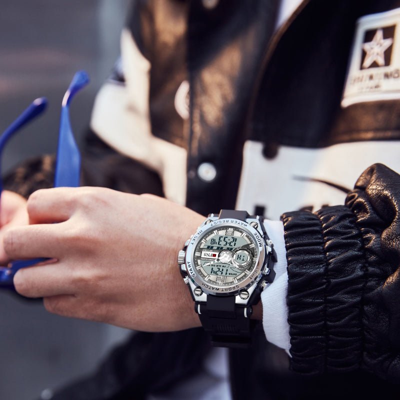 Relogio eletronico a prova dagua para esportes, com visor duplo e luz noturna Prata 2