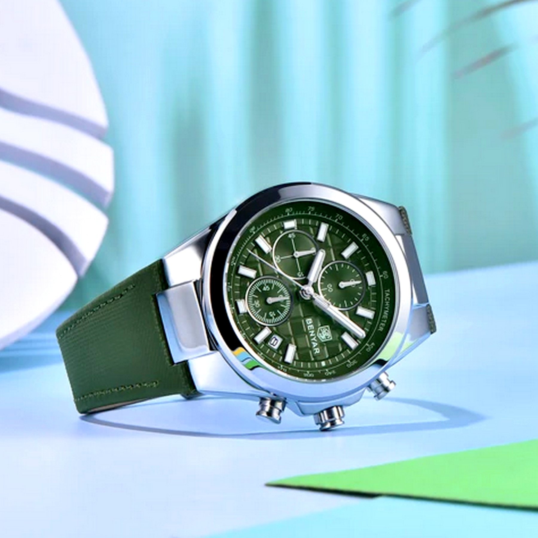 Relogio de Quartzo Masculino Design Esportivo com Cronografo Impermeavel 3atm Verde 4