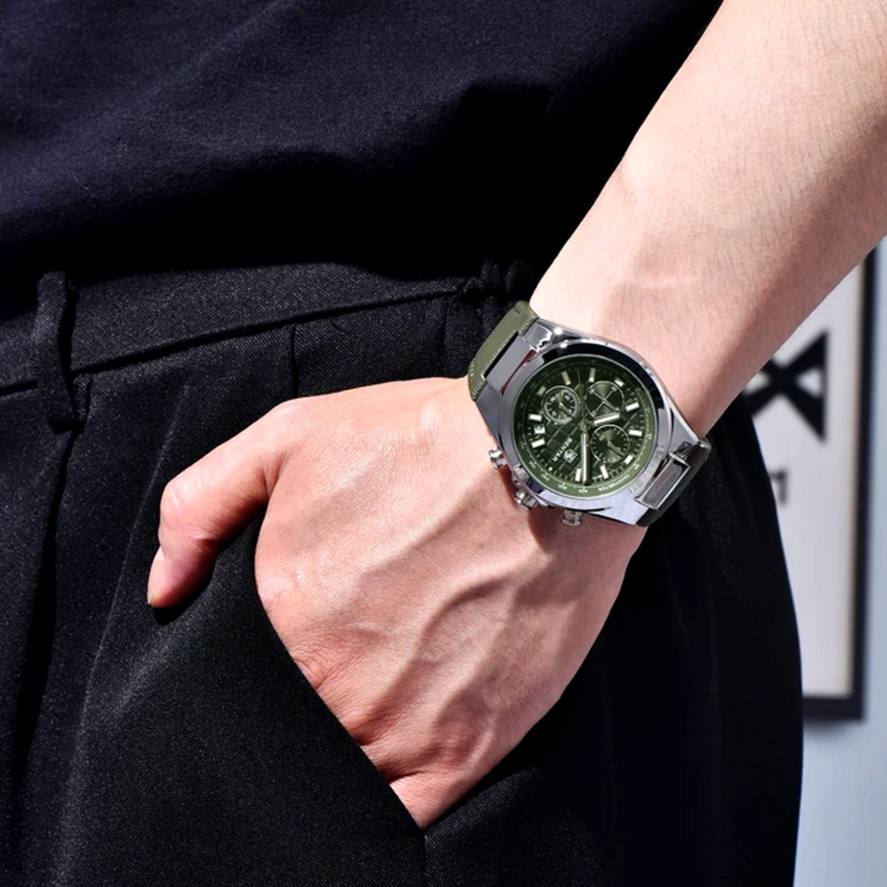 Relogio de Quartzo Masculino Design Esportivo com Cronografo Impermeavel 3atm Verde 5