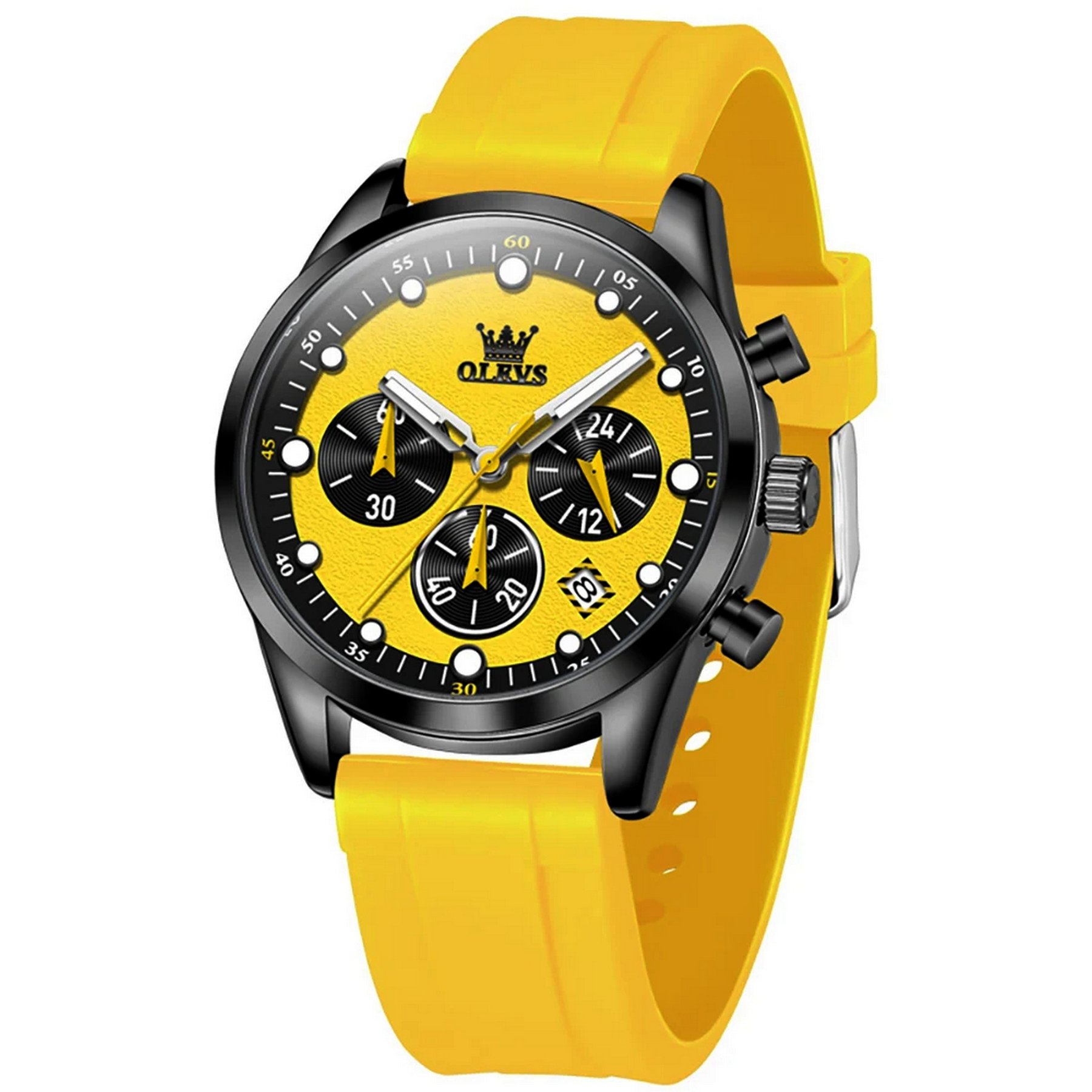 Relogio de Quartzo Masculino Pulseira de Silicone Multifuncional Impermeavel Amarelo 1