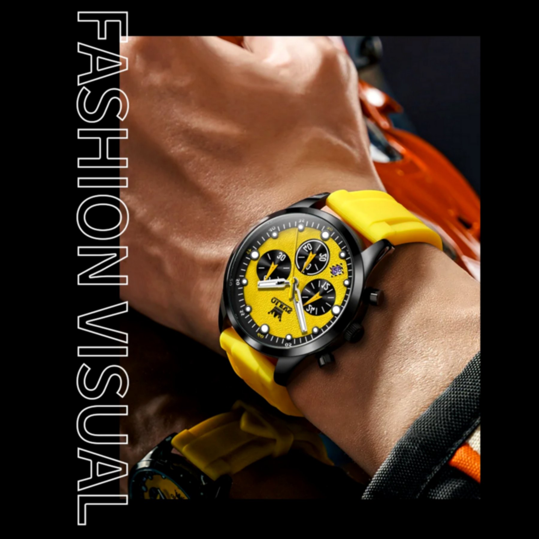 Relogio de Quartzo Masculino Pulseira de Silicone Multifuncional Impermeavel Amarelo 4