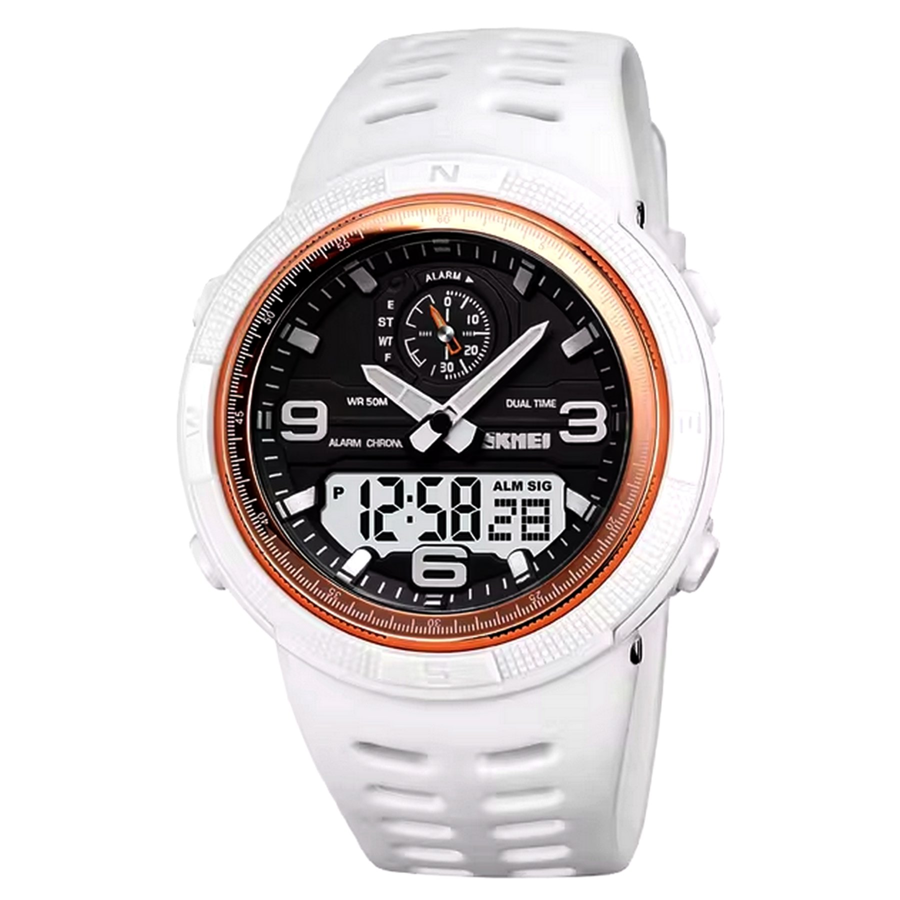 Relogio Digital Esportivo Masculino Display Duplo Multifuncional Impermeavel Branco 1