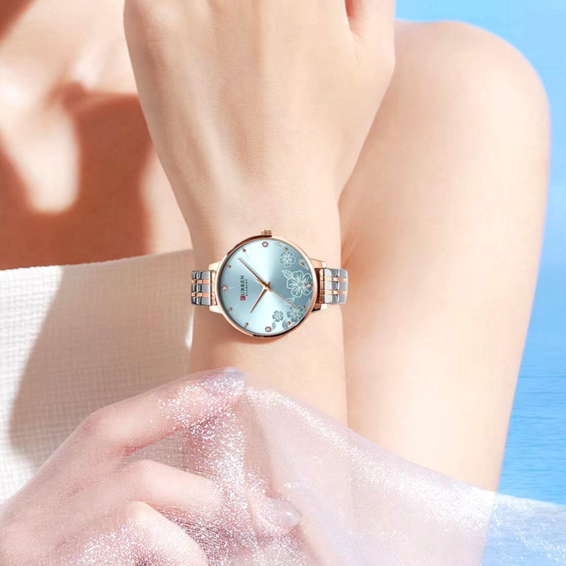 Relogio Feminino em Aco Inoxidavel de Quartzo Ultra Fino Romantico Impermeavel 3atm  Azul 3