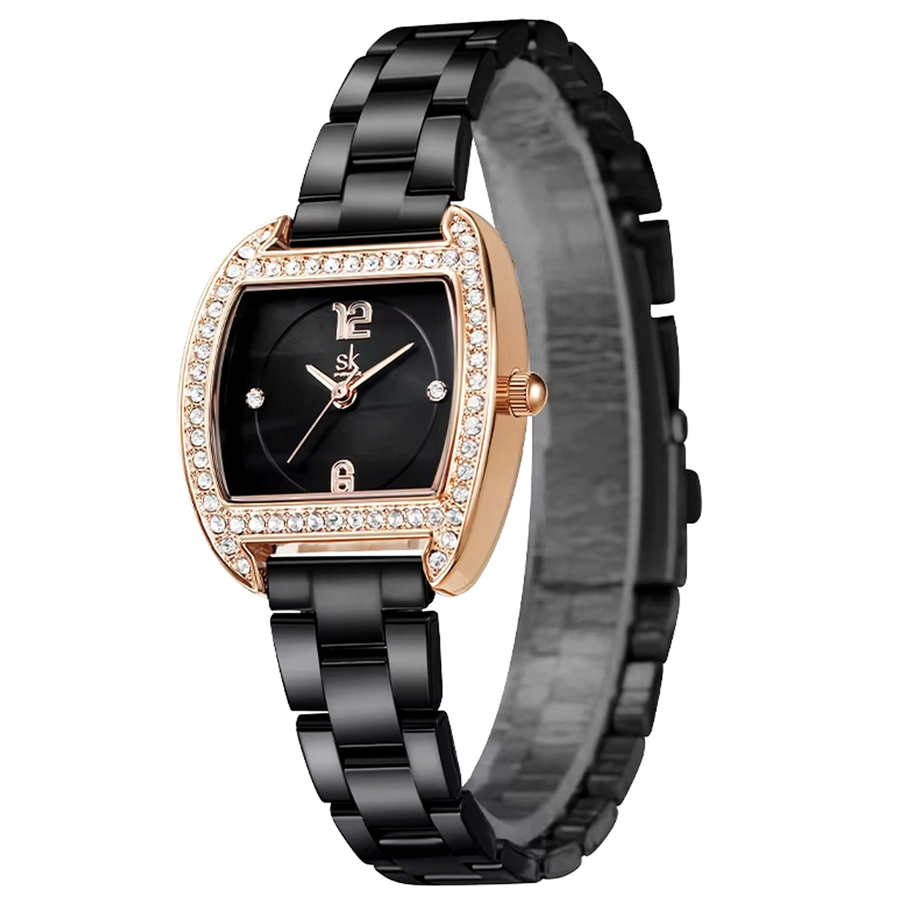 Relogio feminino em aco inoxidavel quadrado de quartzo design com strass Preto 2