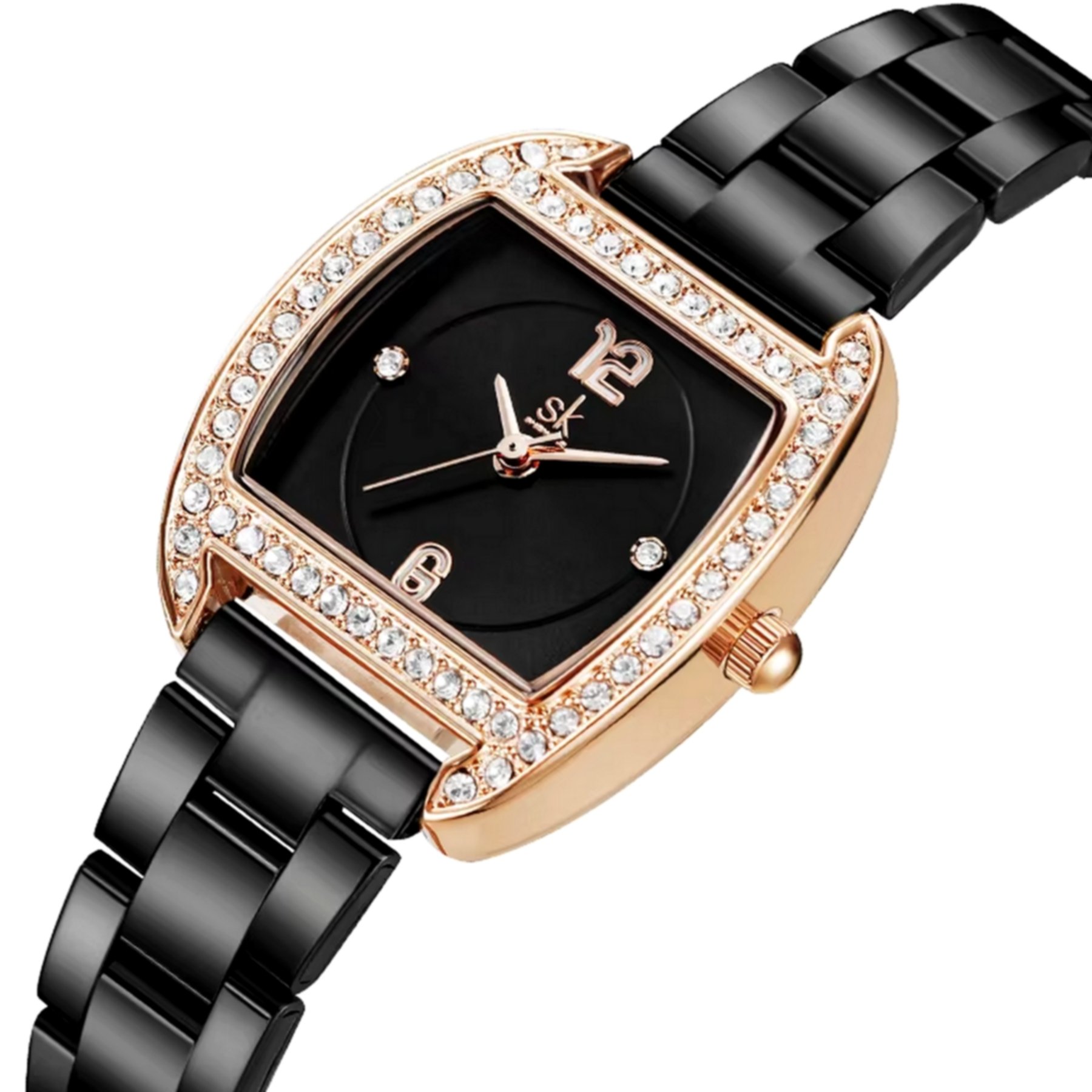 Relogio feminino em aco inoxidavel quadrado de quartzo design com strass Preto 3