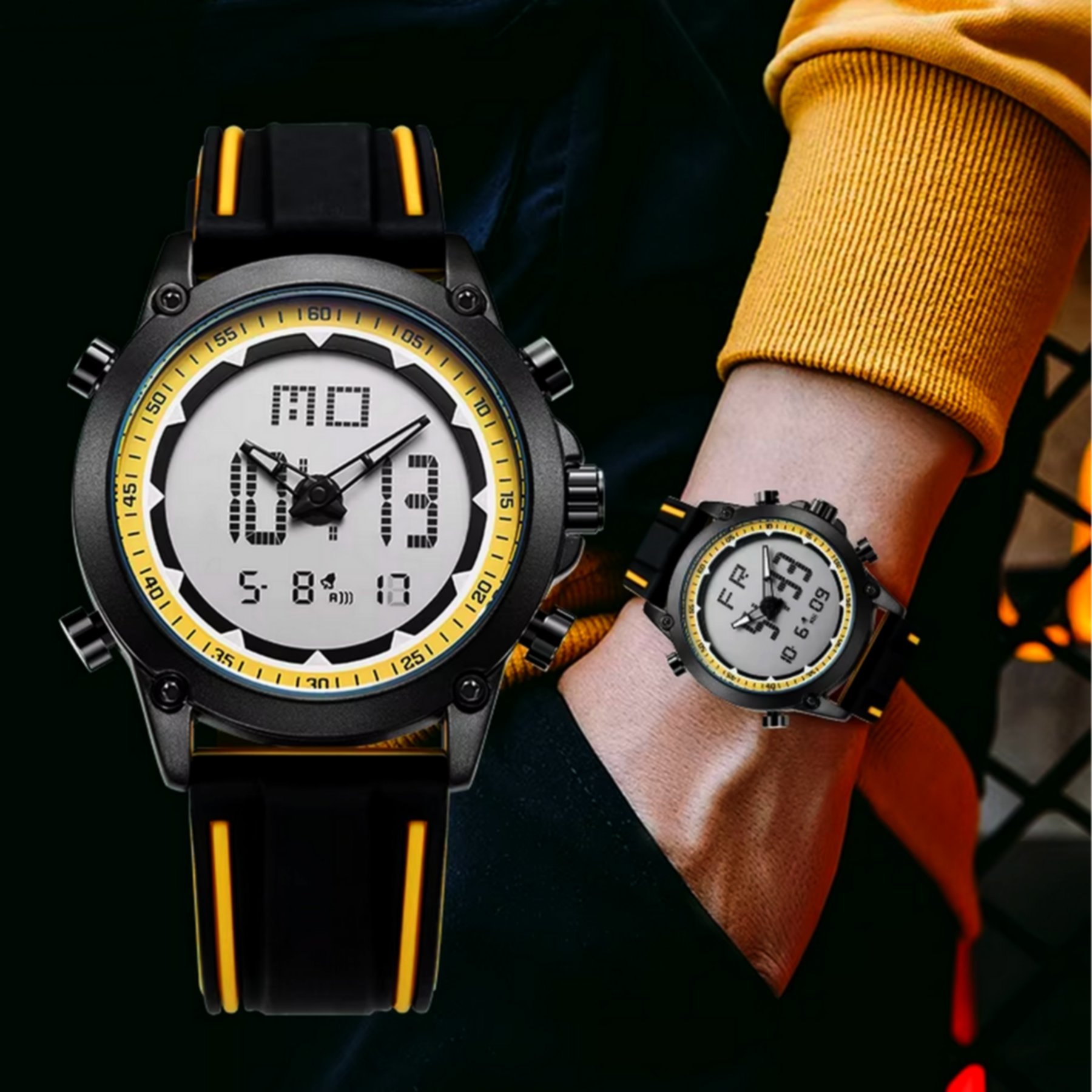 Relogio Esportivo Masculino Quartzo Digital Duplo Movimento A prova dagua Amarelo 4