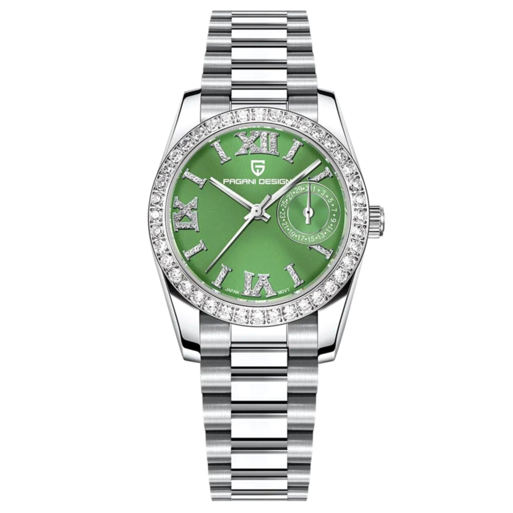 Relogio Feminino Mostrador em Numero Romanos com Strass Movimento de Quartzo Verde 1