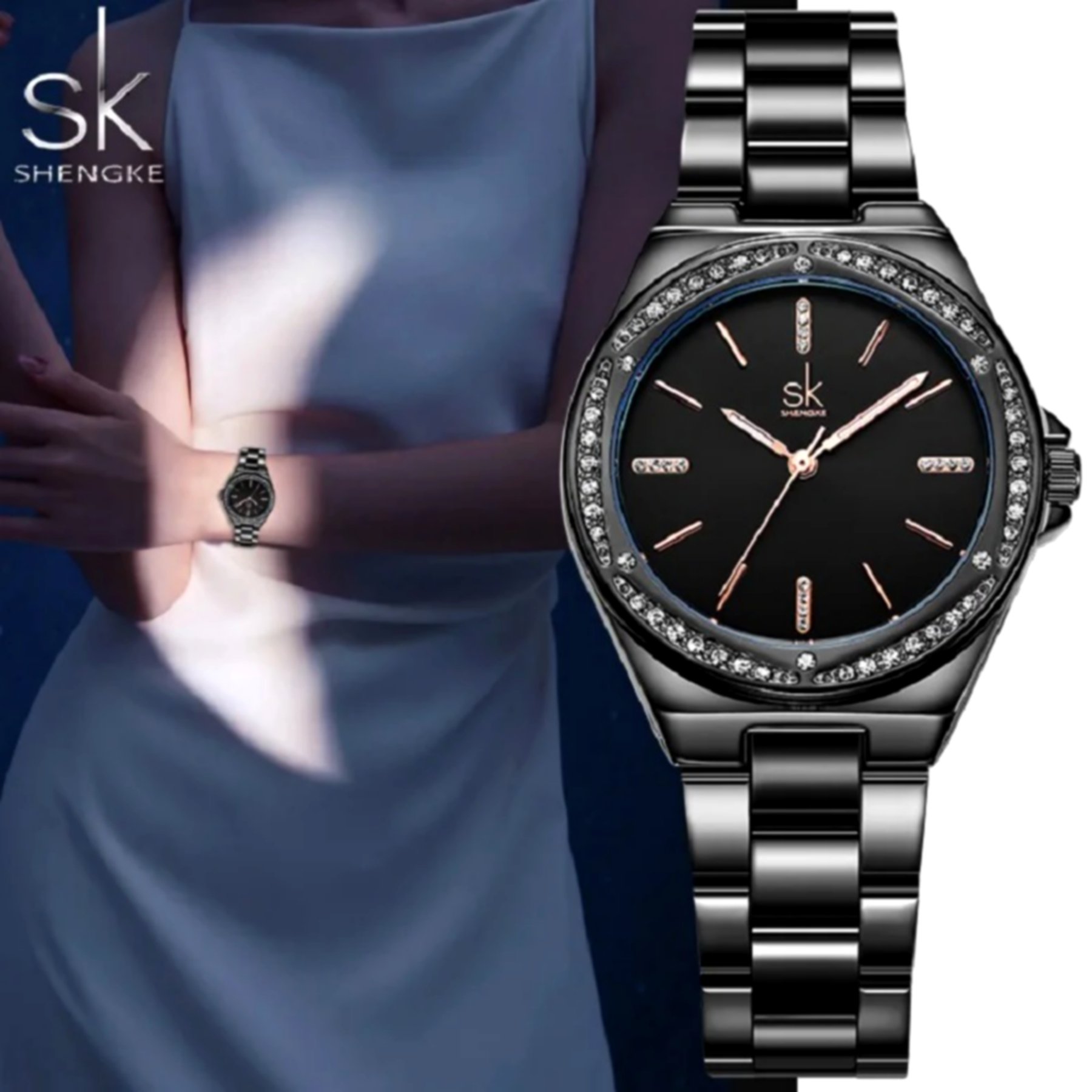 Relogio de Quartzo Feminino Minimalista com Strass Movimento de Quartzo Preto 4