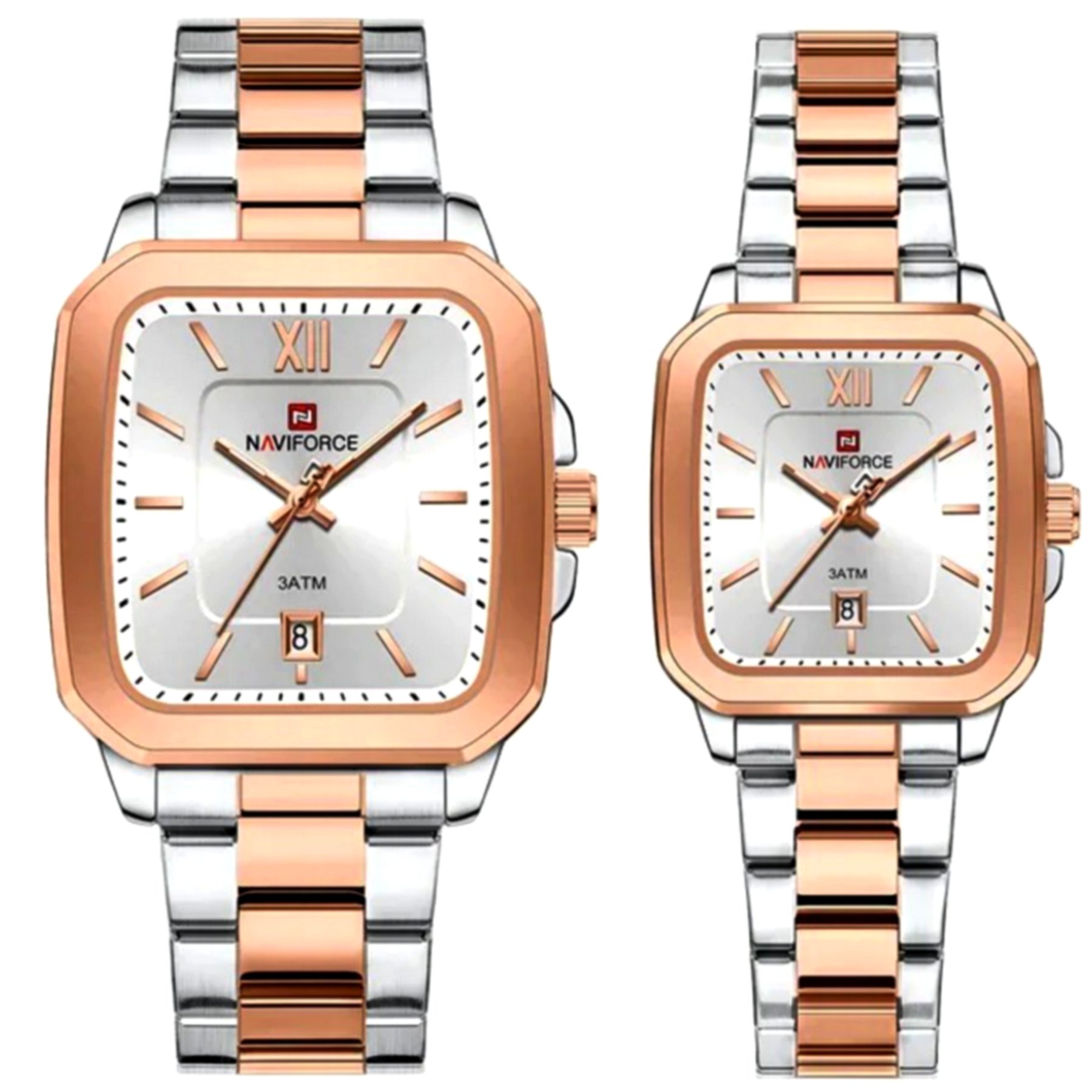 Conjunto de Relogio Casual Simples Quartzo Design Tonneau Impermeavel Casal Prata/Rose 1