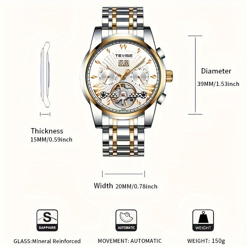 Relogio Mecanico Automatico de Aco Inoxidavel Elegante para Homens TEVISE Branco 2