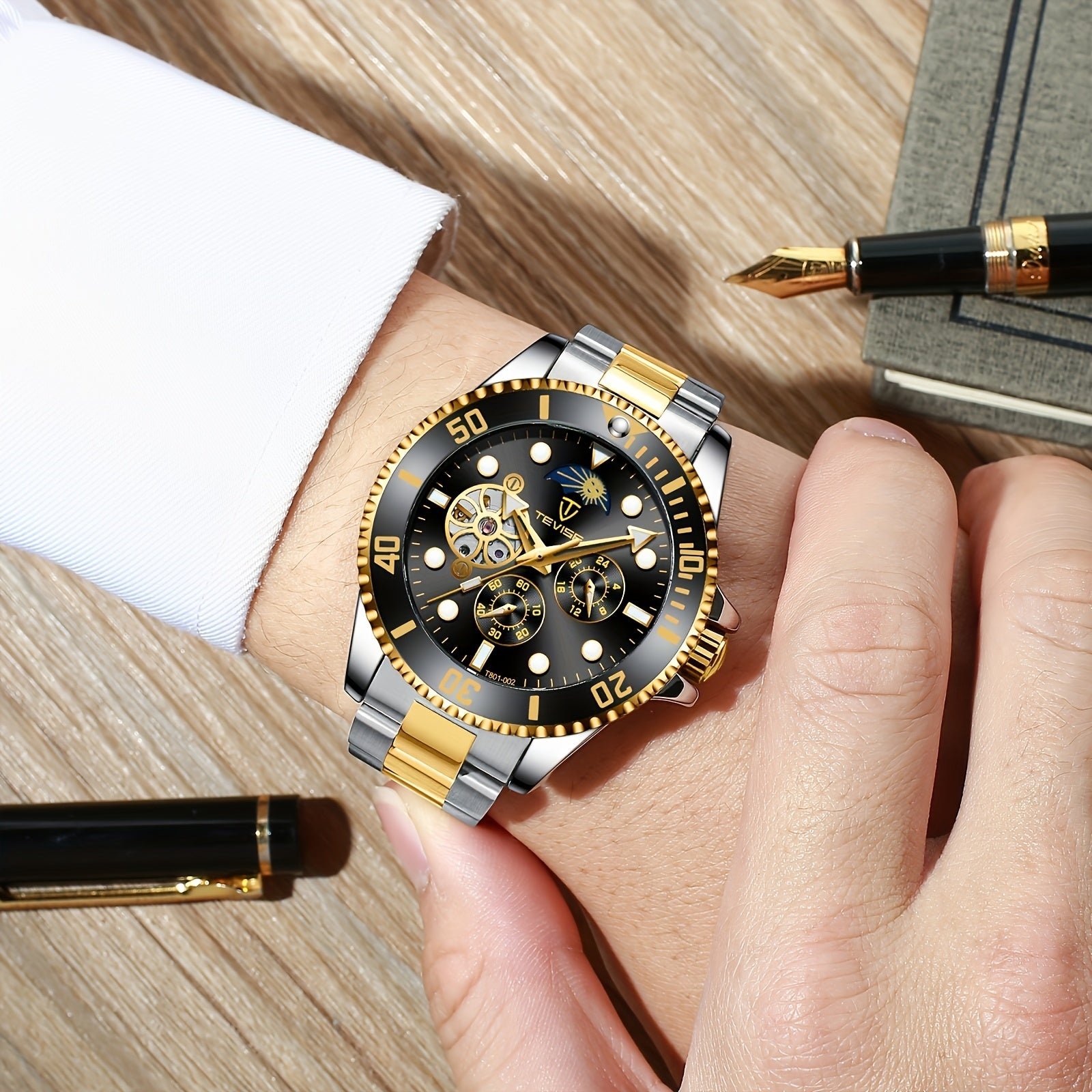 Relogio de Luxo , Automatico Mecanico, 5 Pontos, Cronografo de 24h, Aco Inoxidavel Dourado/Preto 2