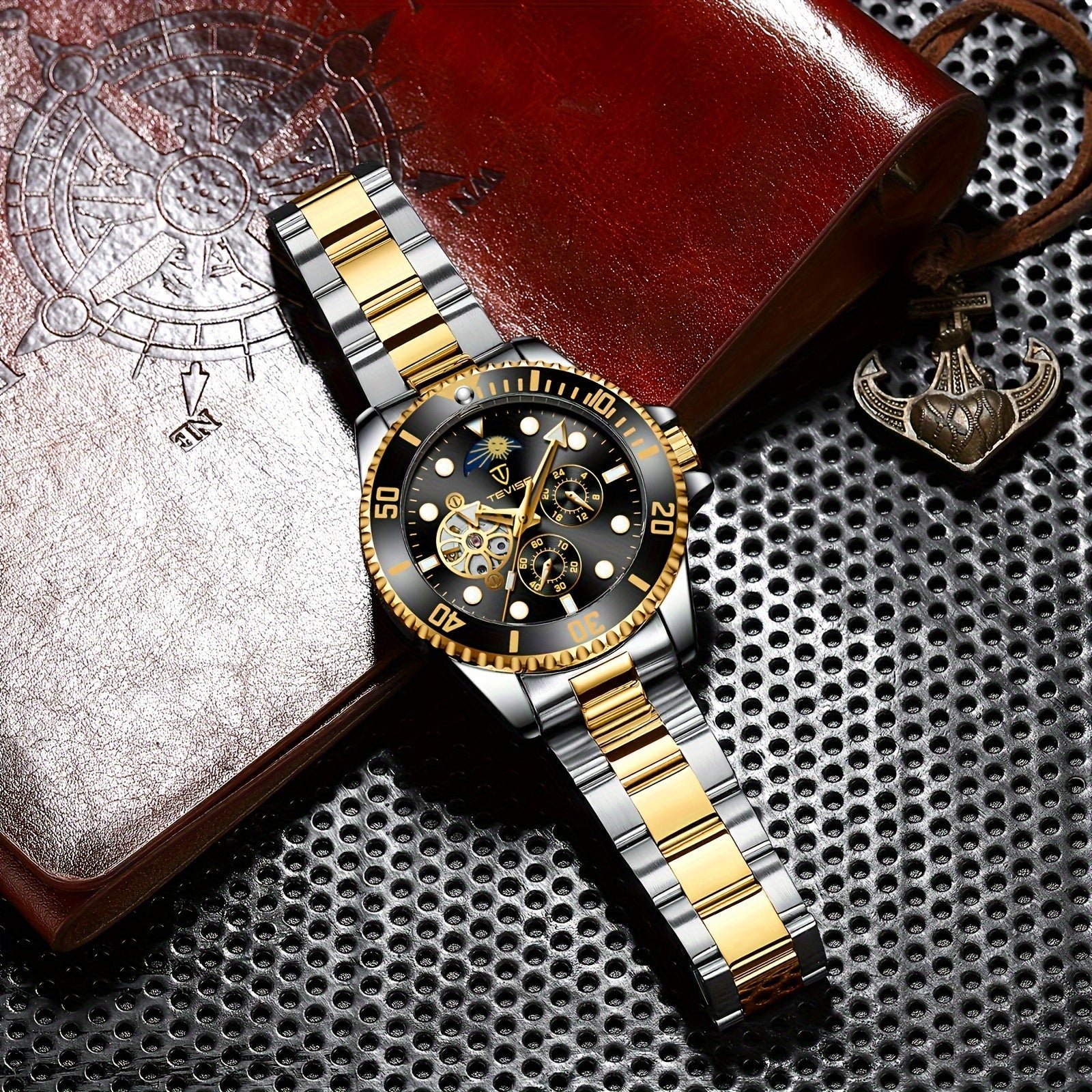 Relogio de Luxo , Automatico Mecanico, 5 Pontos, Cronografo de 24h, Aco Inoxidavel Dourado/Preto 3