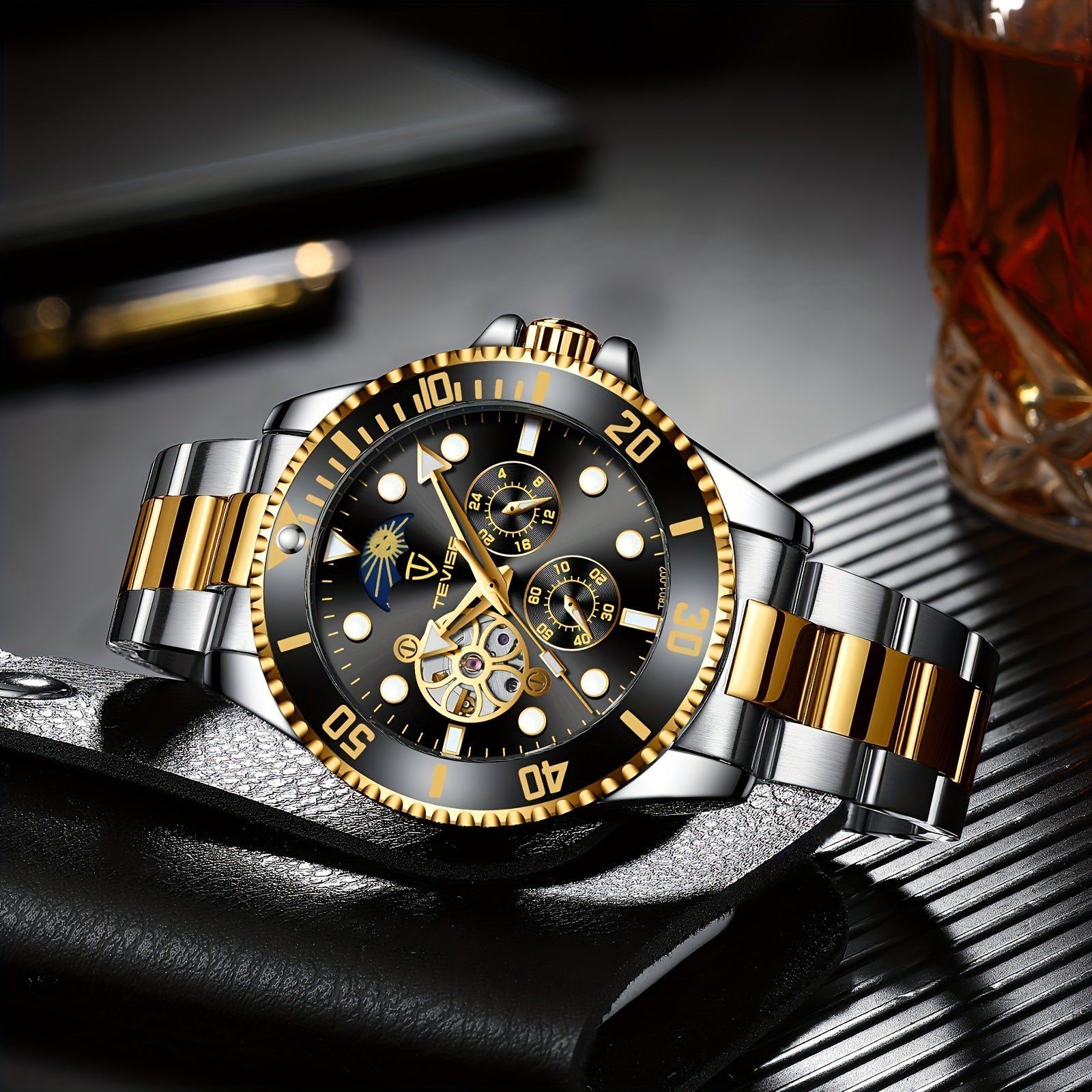 Relogio de Luxo , Automatico Mecanico, 5 Pontos, Cronografo de 24h, Aco Inoxidavel Dourado/Preto 4