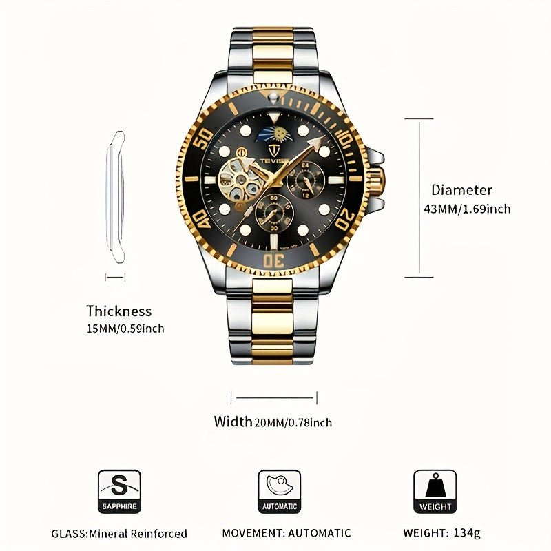 Relogio de Luxo , Automatico Mecanico, 5 Pontos, Cronografo de 24h, Aco Inoxidavel Dourado/Preto 5