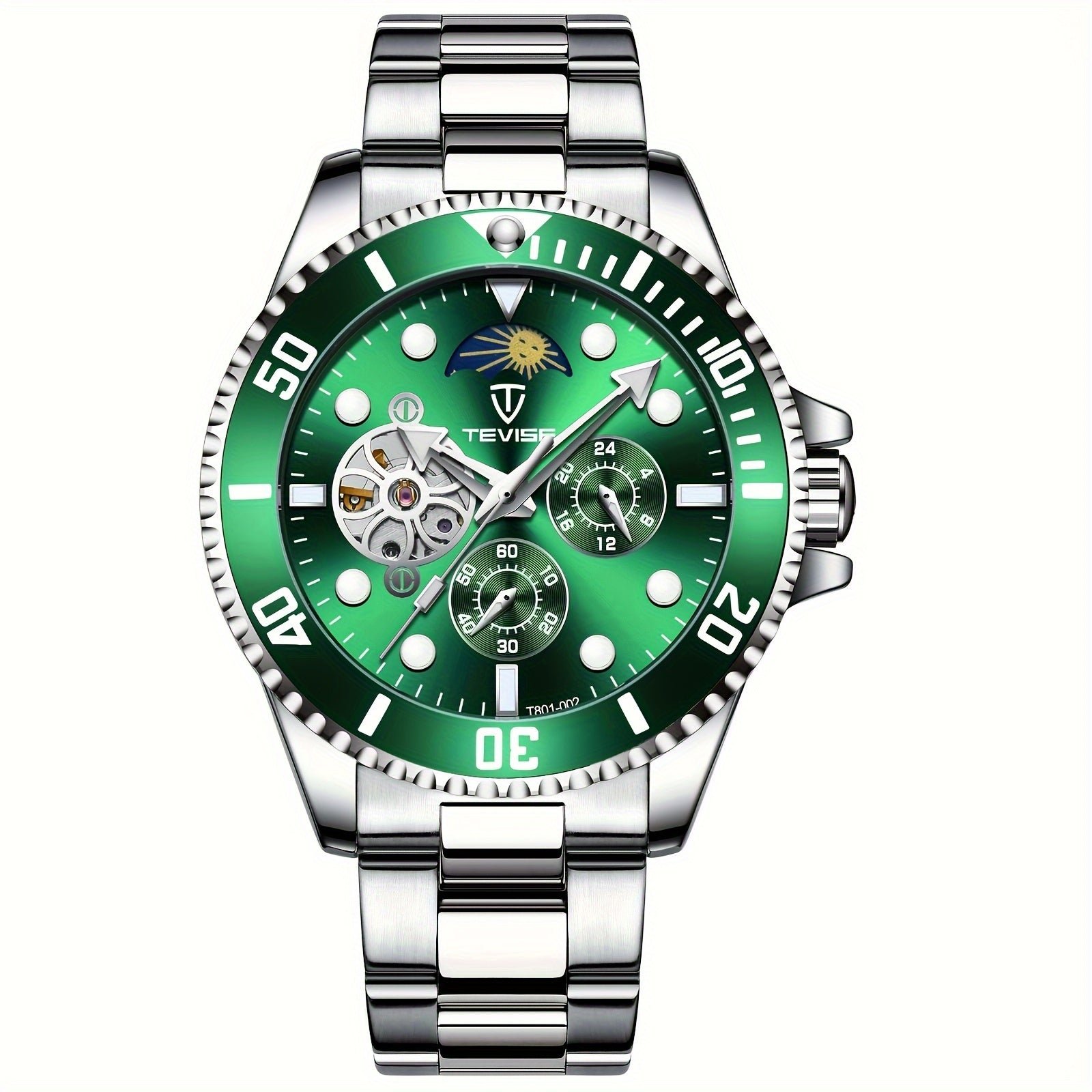 Relogio de Luxo , Automatico Mecanico, 5 Pontos, Cronografo de 24h, Aco Inoxidavel Verde 1