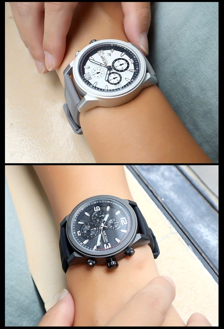 Relogio esportivo MEGIR, moda analogico, cronografo, quartzo, com data automatica Branco 4