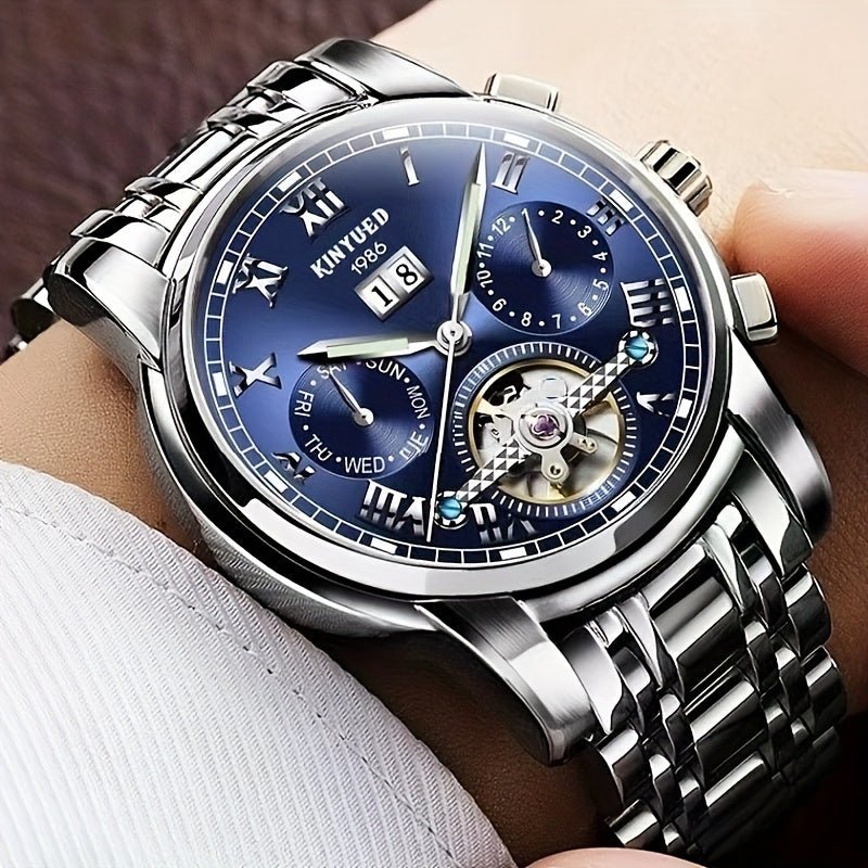 Relogio classico para cavalheiros: Relogio automatico de luxo, com calendario multifuncional e  Prata 2