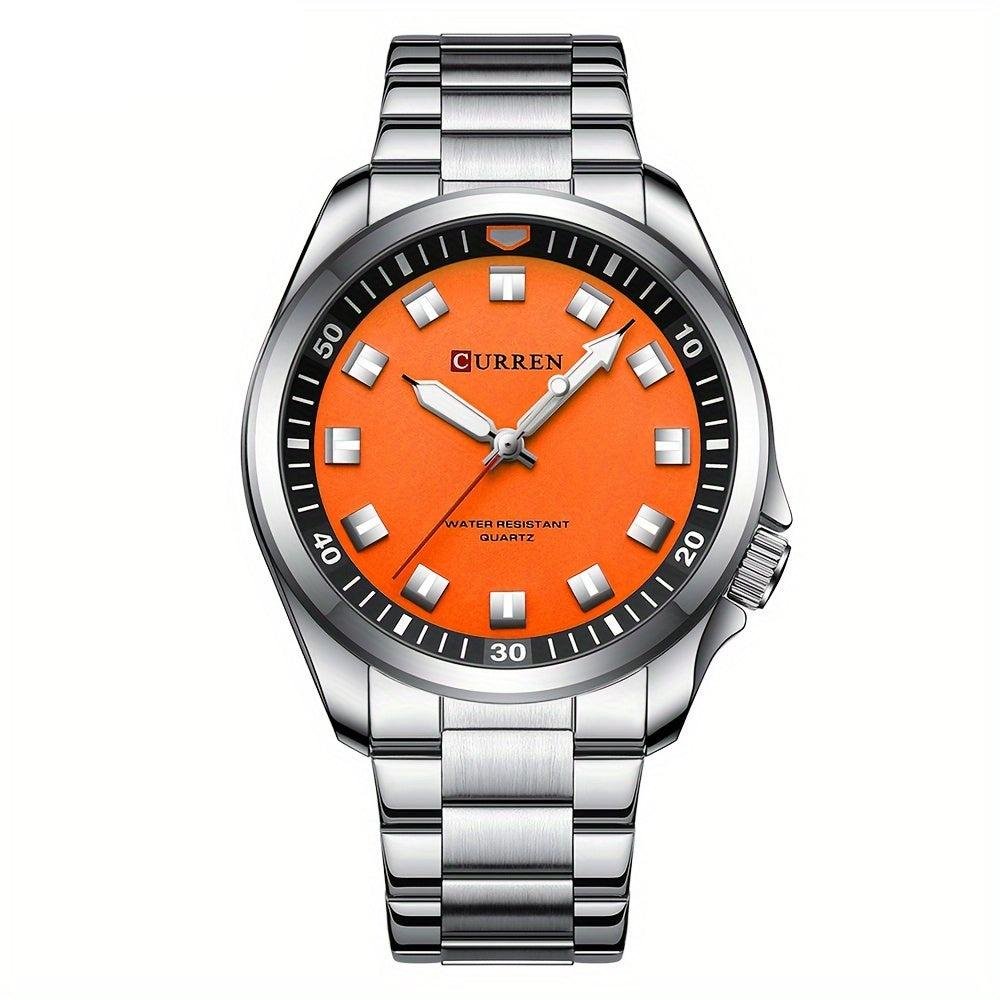 Relogio de Quartzo Masculino Pulseira de Aco Inoxidavel Resistente a Agua 30M Esportivo Prata/Laranja 1