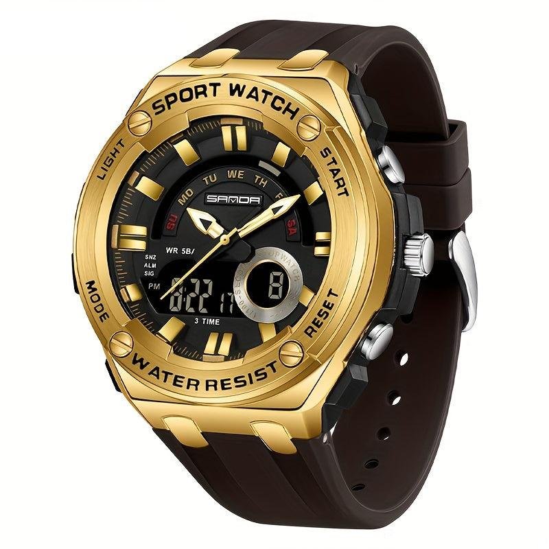 Relogio de Pulso Masculino A Prova DAgua 50M Esportivo Multifuncional com Pulseira de Silicone Marrom/Dourado 1