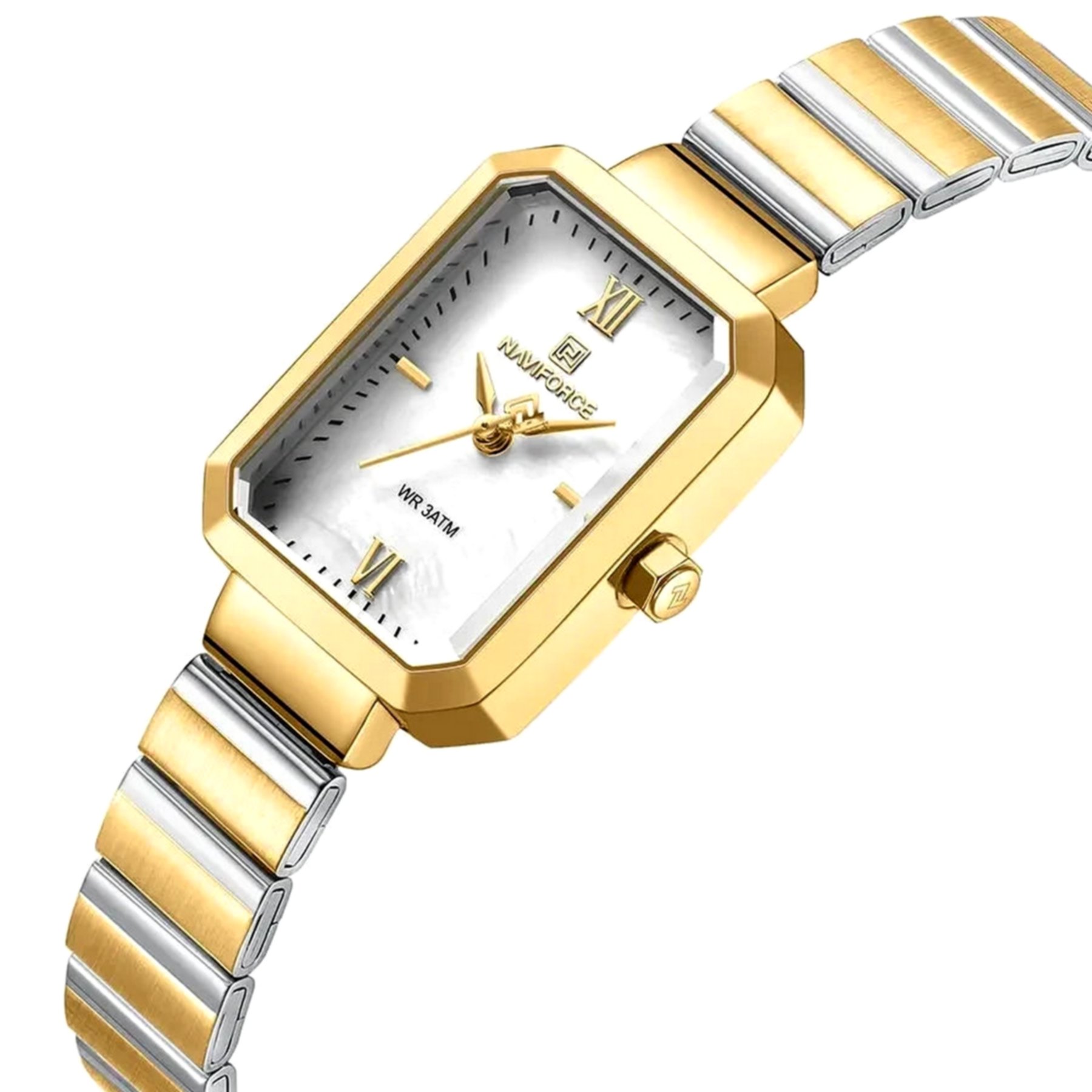 relogio para mulheres em aco inoxidavel de quartzo design quadrado a prova dagua Branco/Dourado 2