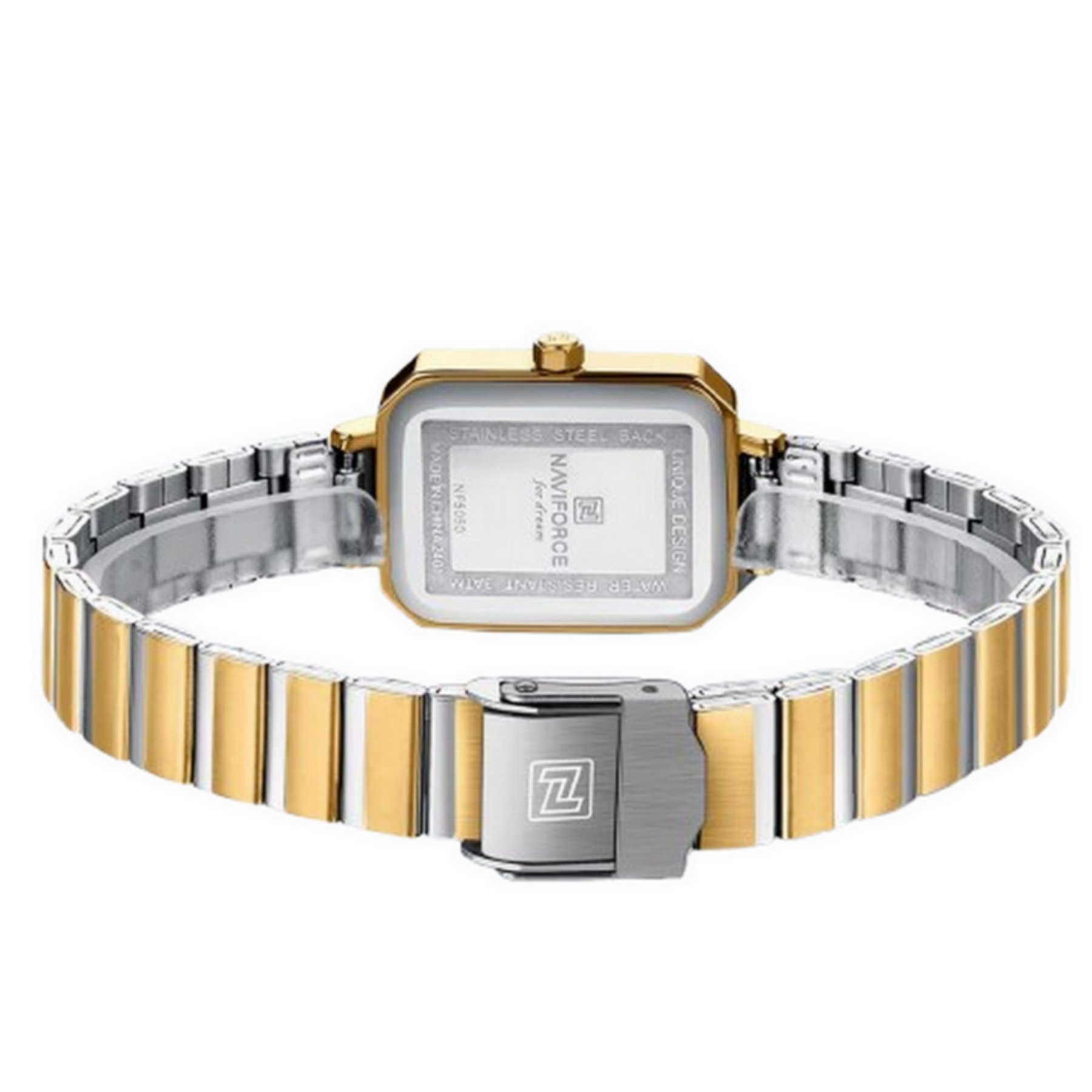 relogio para mulheres em aco inoxidavel de quartzo design quadrado a prova dagua Branco/Dourado 3