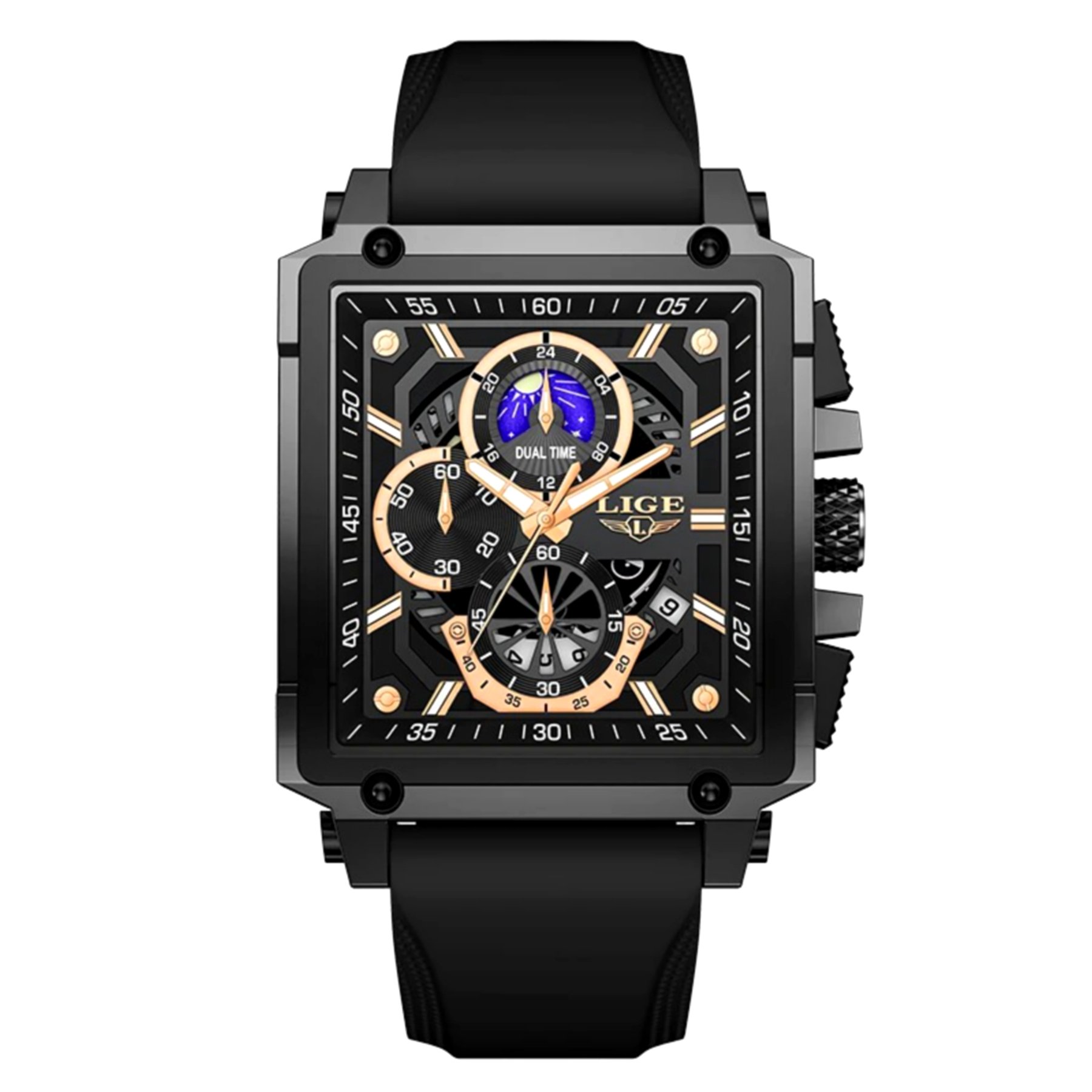 Relogio quartzo com cronografo esportivo masculino design tonneau impermeavel 3ATM Preto 1