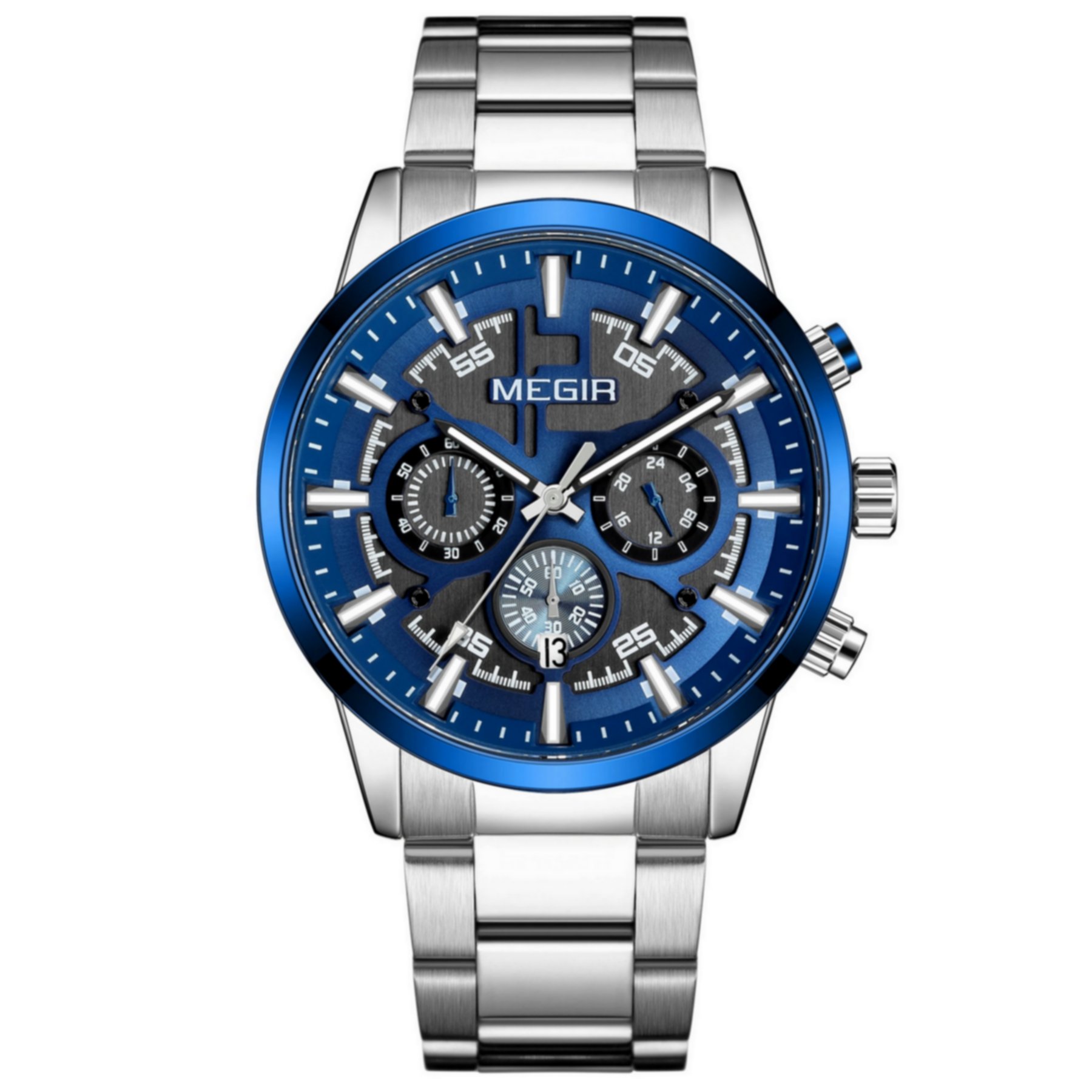 Relogio de pulso masculino com pulseira de aco inoxidave com Data Automatica Impermeavel 3atm Azul 1