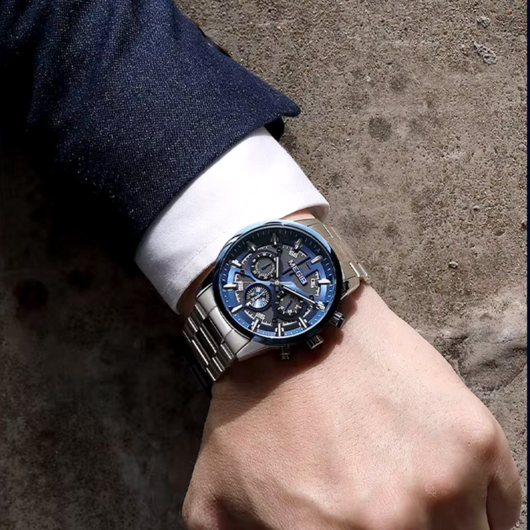 Relogio de pulso masculino com pulseira de aco inoxidave com Data Automatica Impermeavel 3atm Azul 4