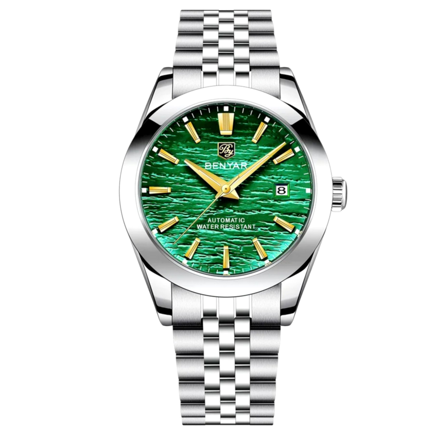 Relogio de pulso mecanico automatico classico em aco inoxidavel com data automatica Impermeavel Verde 1