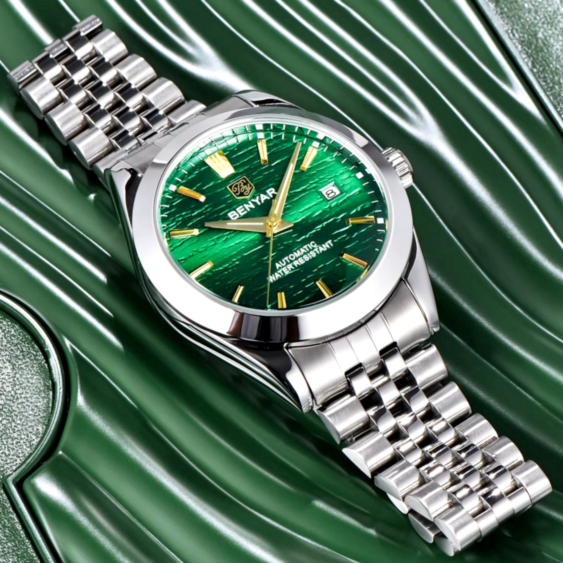 Relogio de pulso mecanico automatico classico em aco inoxidavel com data automatica Impermeavel Verde 3
