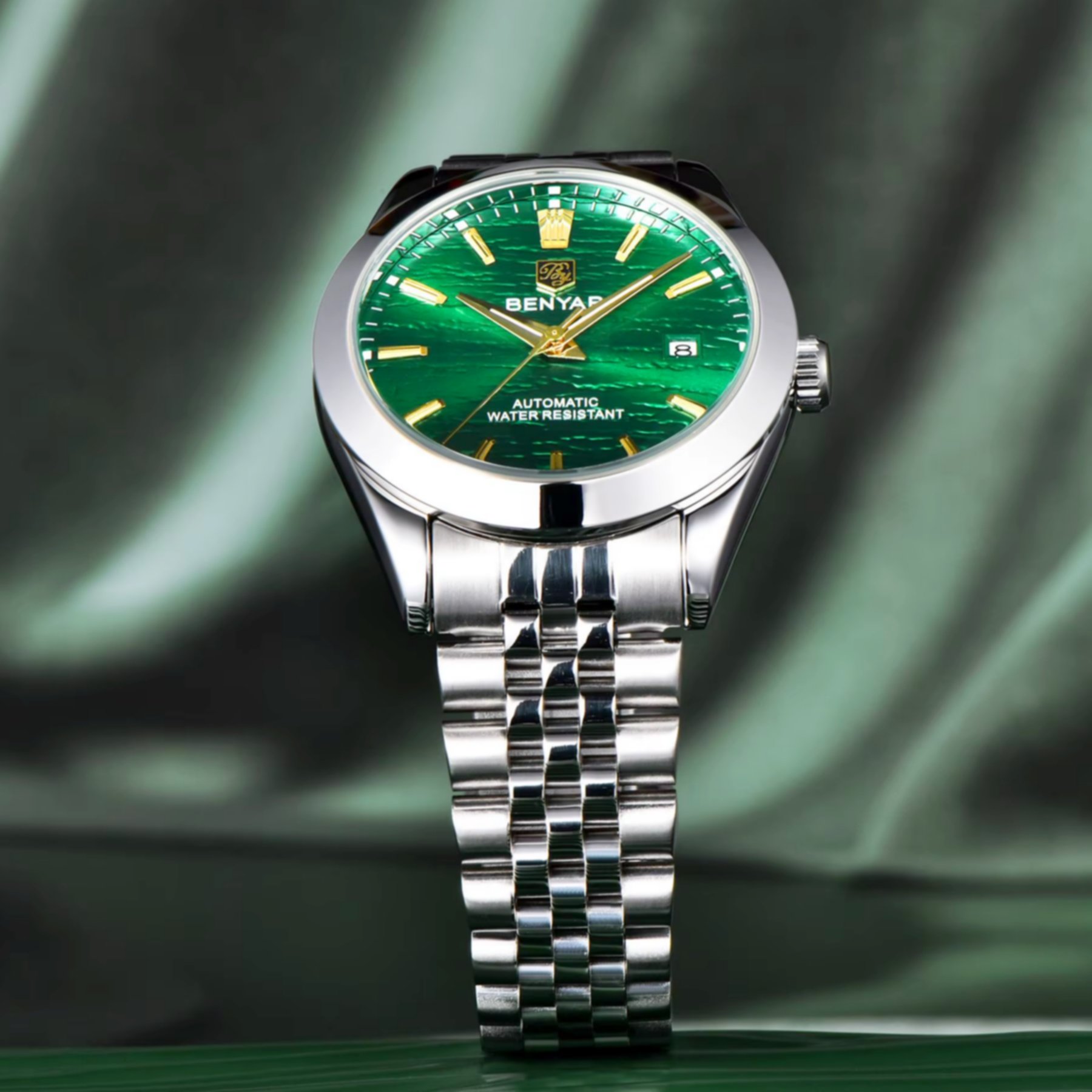 Relogio de pulso mecanico automatico classico em aco inoxidavel com data automatica Impermeavel Verde 4
