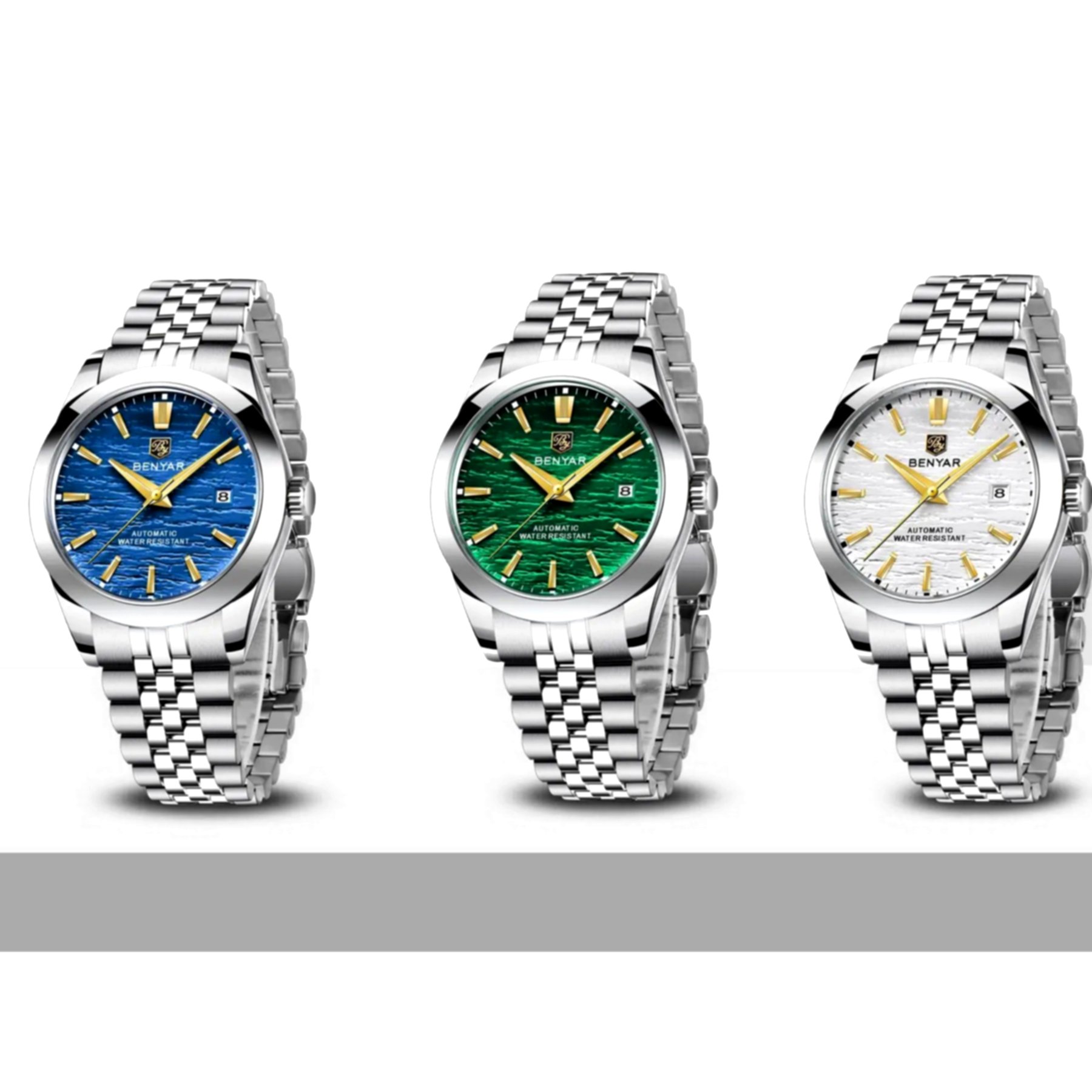 Relogio de pulso mecanico automatico classico em aco inoxidavel com data automatica Impermeavel Verde 5