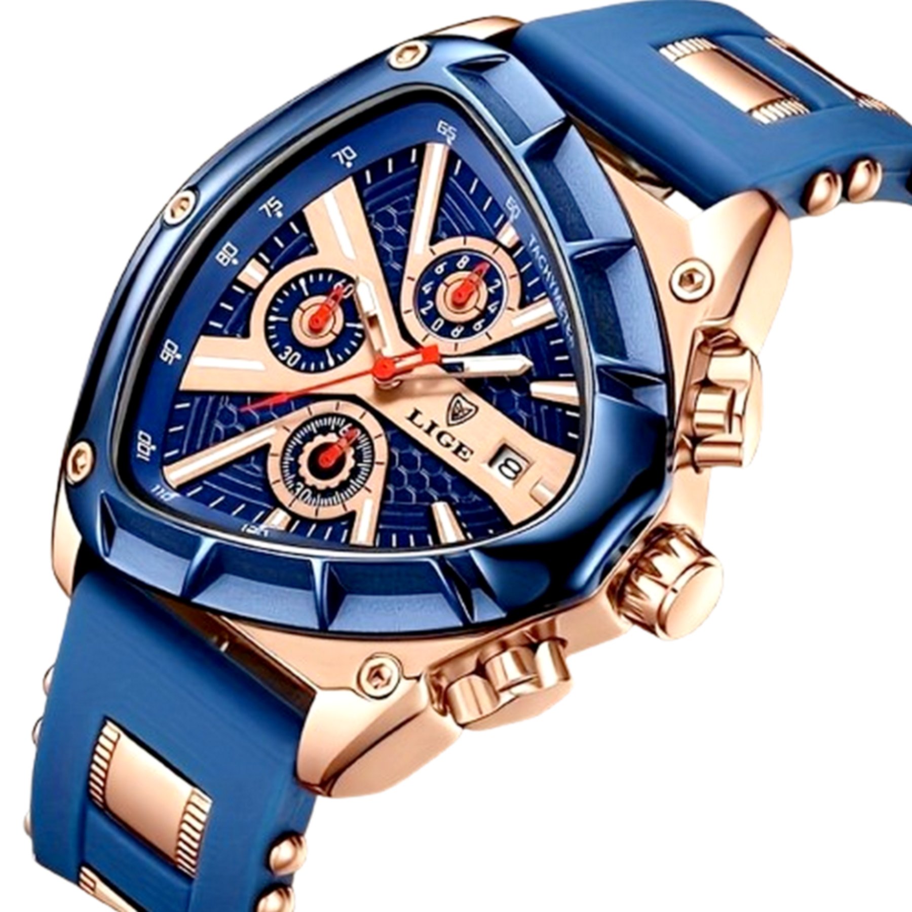 Relogio Masculino Design Criativo Triangulo Pulseira de Borracha Impermeavel 30M Azul 2