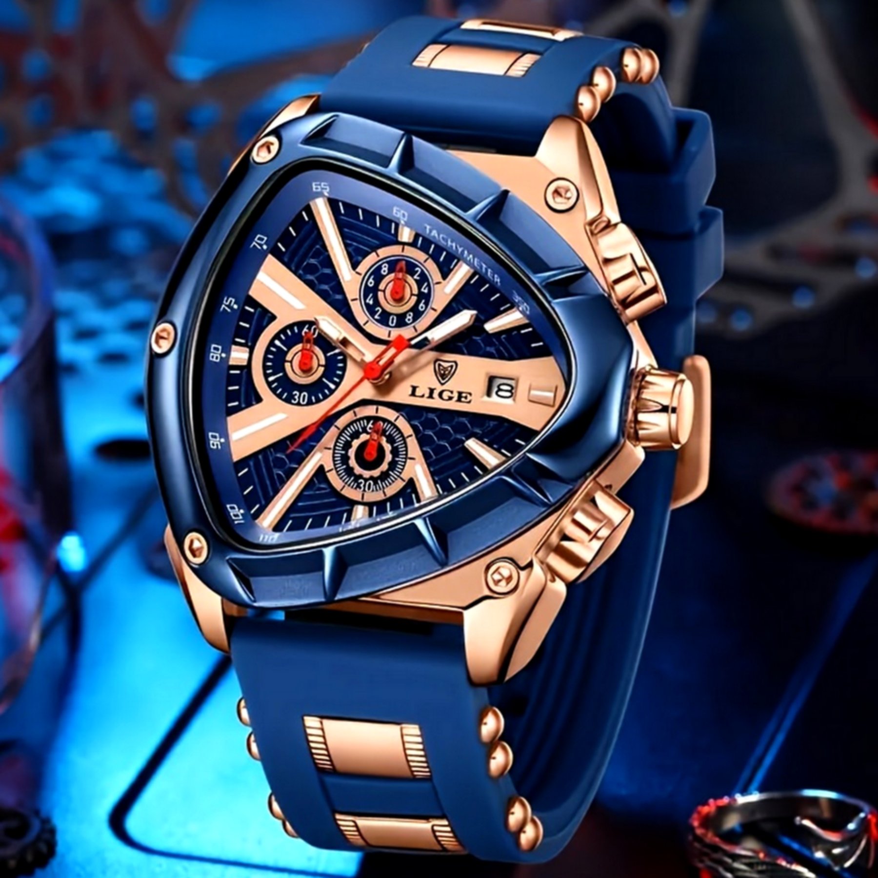 Relogio Masculino Design Criativo Triangulo Pulseira de Borracha Impermeavel 30M Azul 3