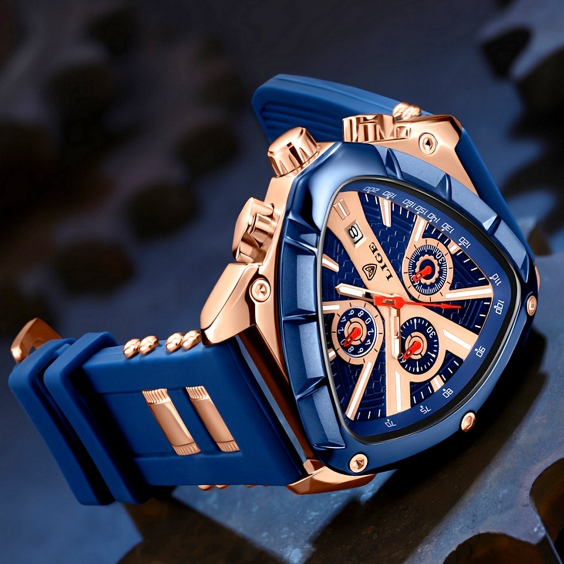 Relogio Masculino Design Criativo Triangulo Pulseira de Borracha Impermeavel 30M Azul 4