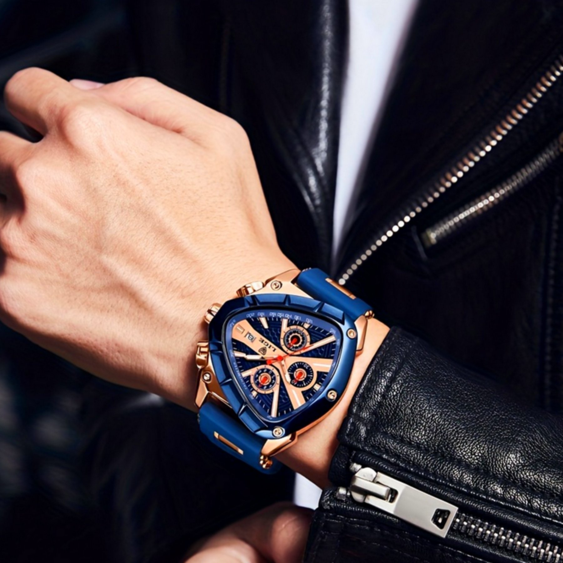 Relogio Masculino Design Criativo Triangulo Pulseira de Borracha Impermeavel 30M Azul 5