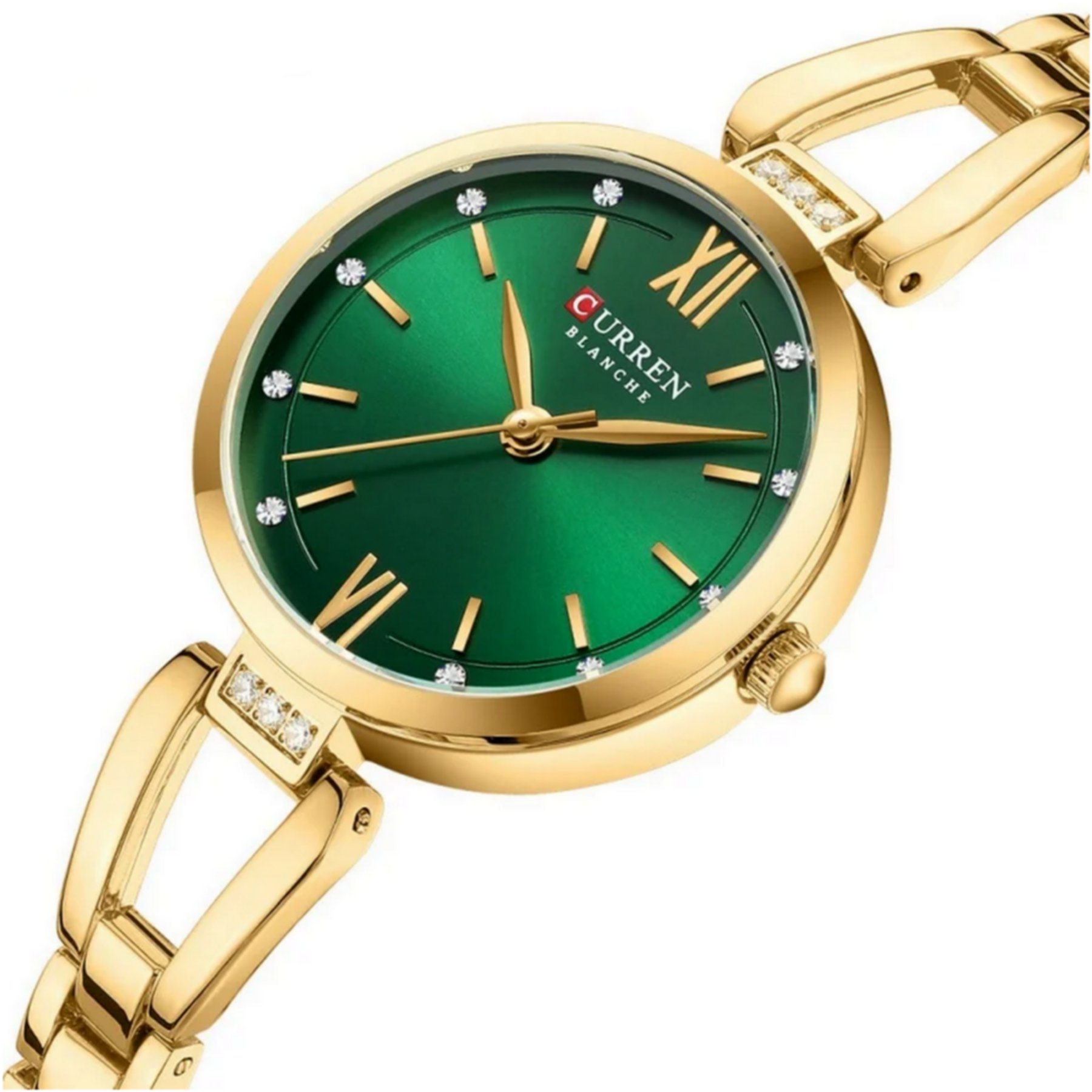 relogio de quartzo feminino em aco inoxidavel strass moda casual Dourado/Verde 2