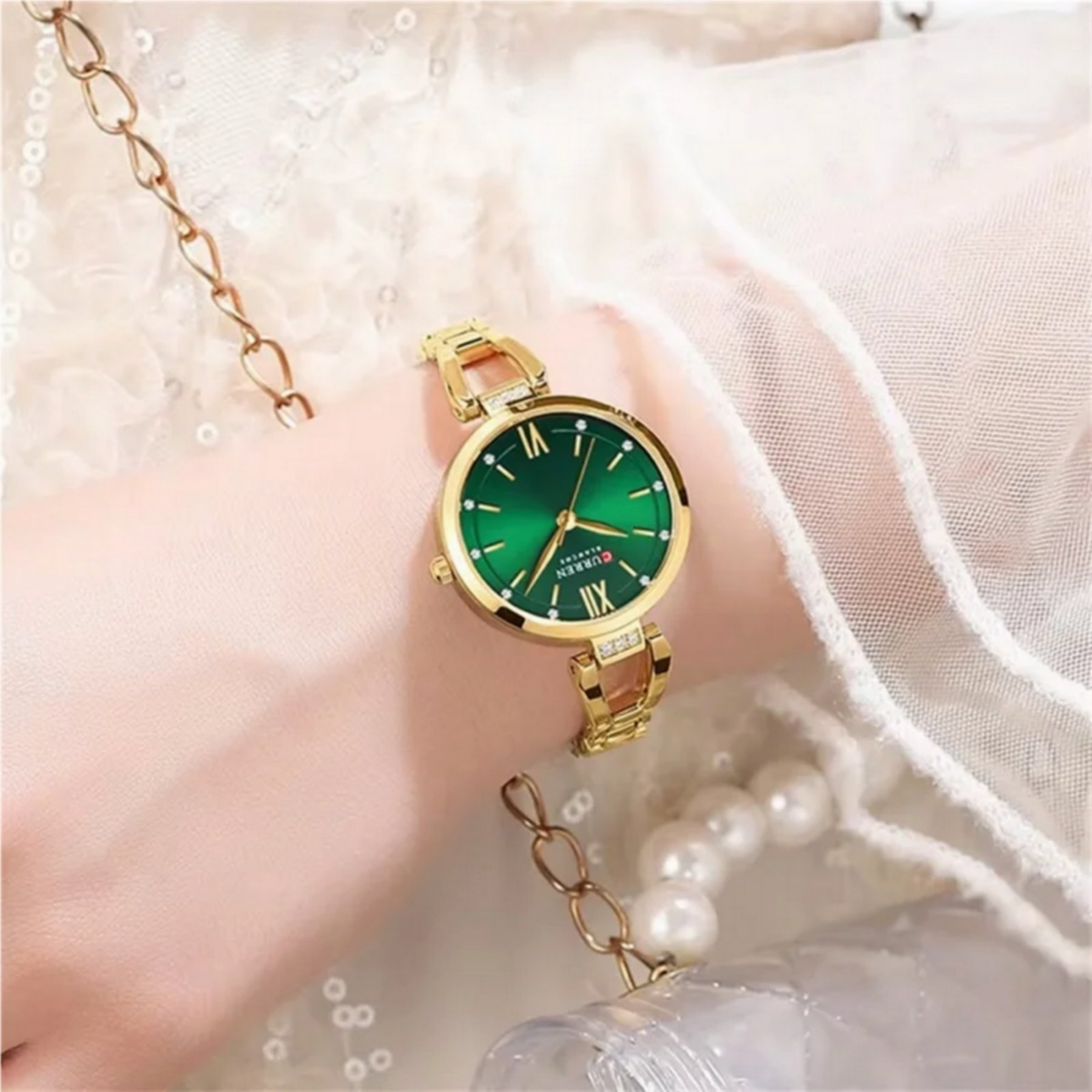 relogio de quartzo feminino em aco inoxidavel strass moda casual Dourado/Verde 3