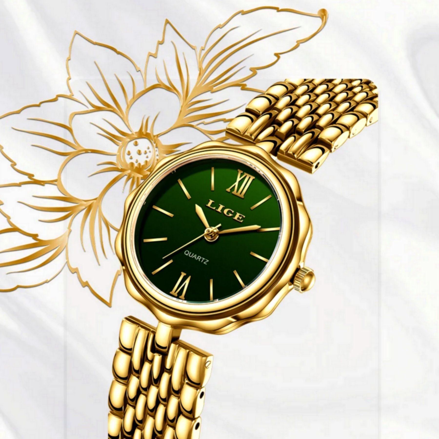 Relogio de Quartzo Feminino Casual Pulseira em Aco inoxidavel Impermeavel Dourado/Verde 2