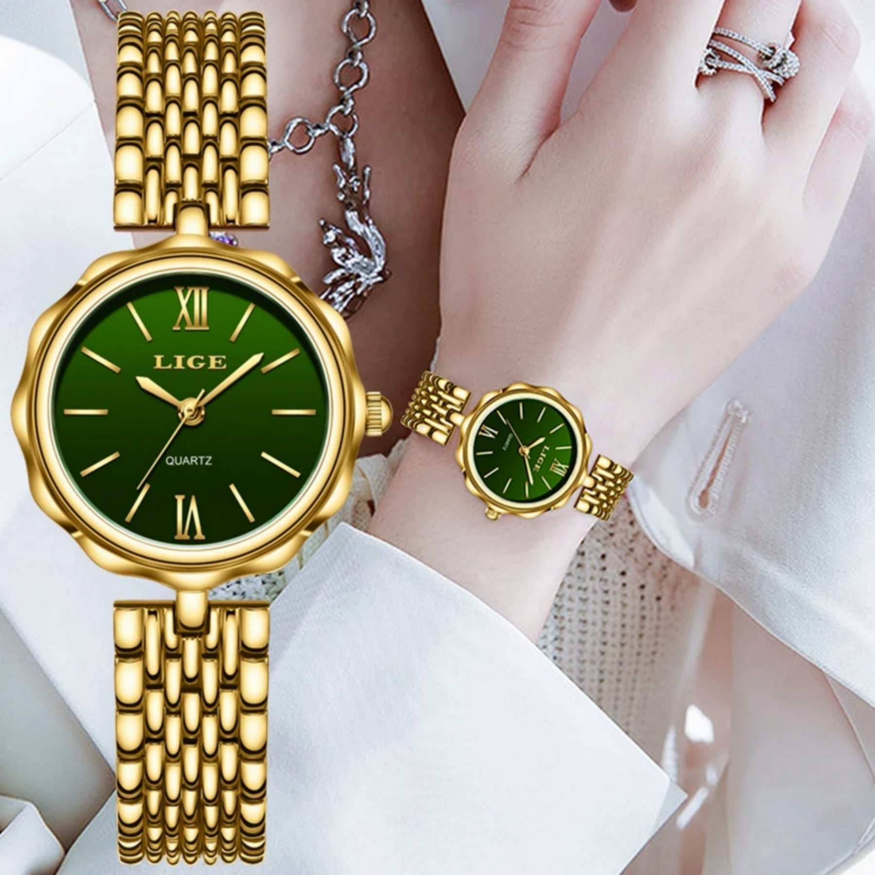 Relogio de Quartzo Feminino Casual Pulseira em Aco inoxidavel Impermeavel Dourado/Verde 3