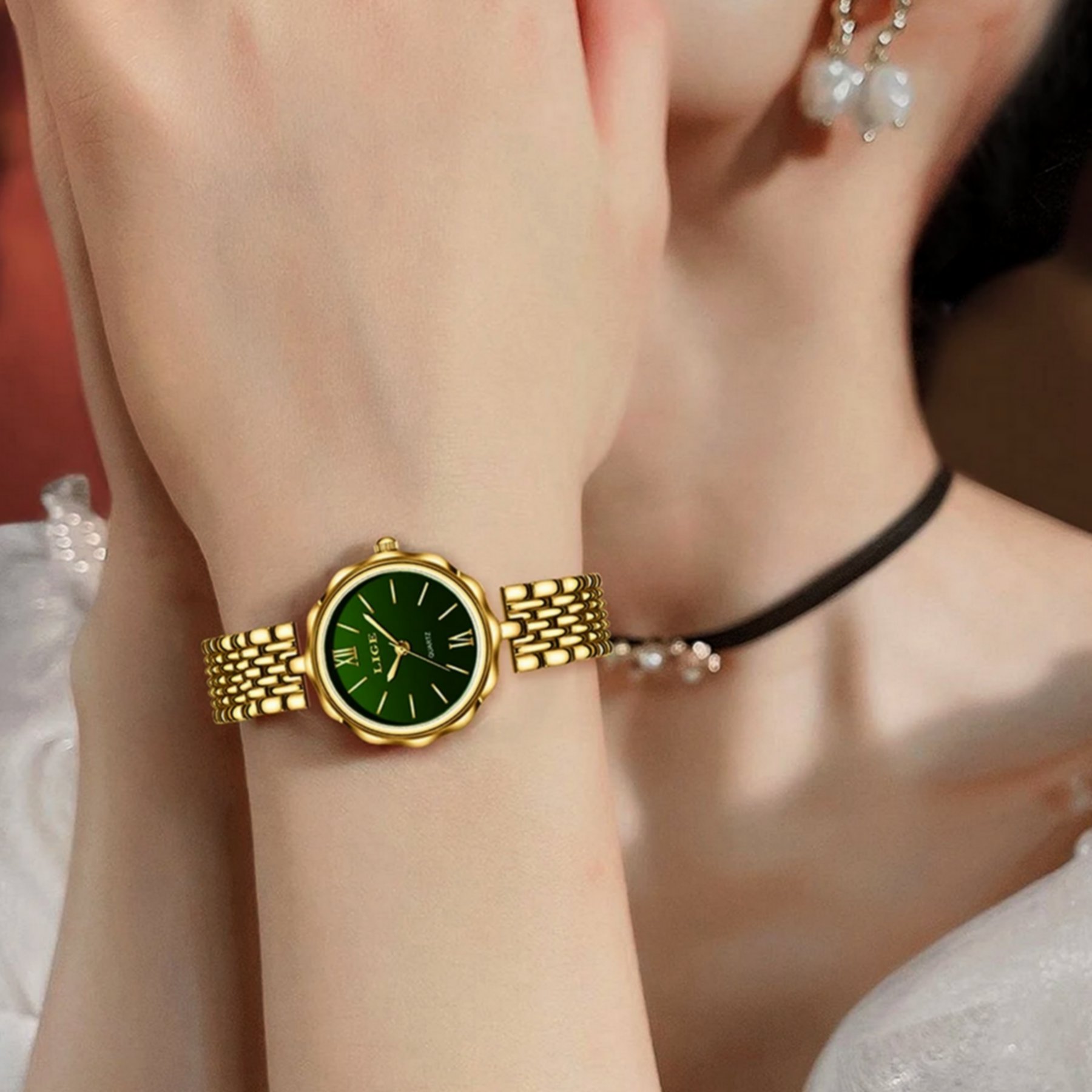 Relogio de Quartzo Feminino Casual Pulseira em Aco inoxidavel Impermeavel Dourado/Verde 4