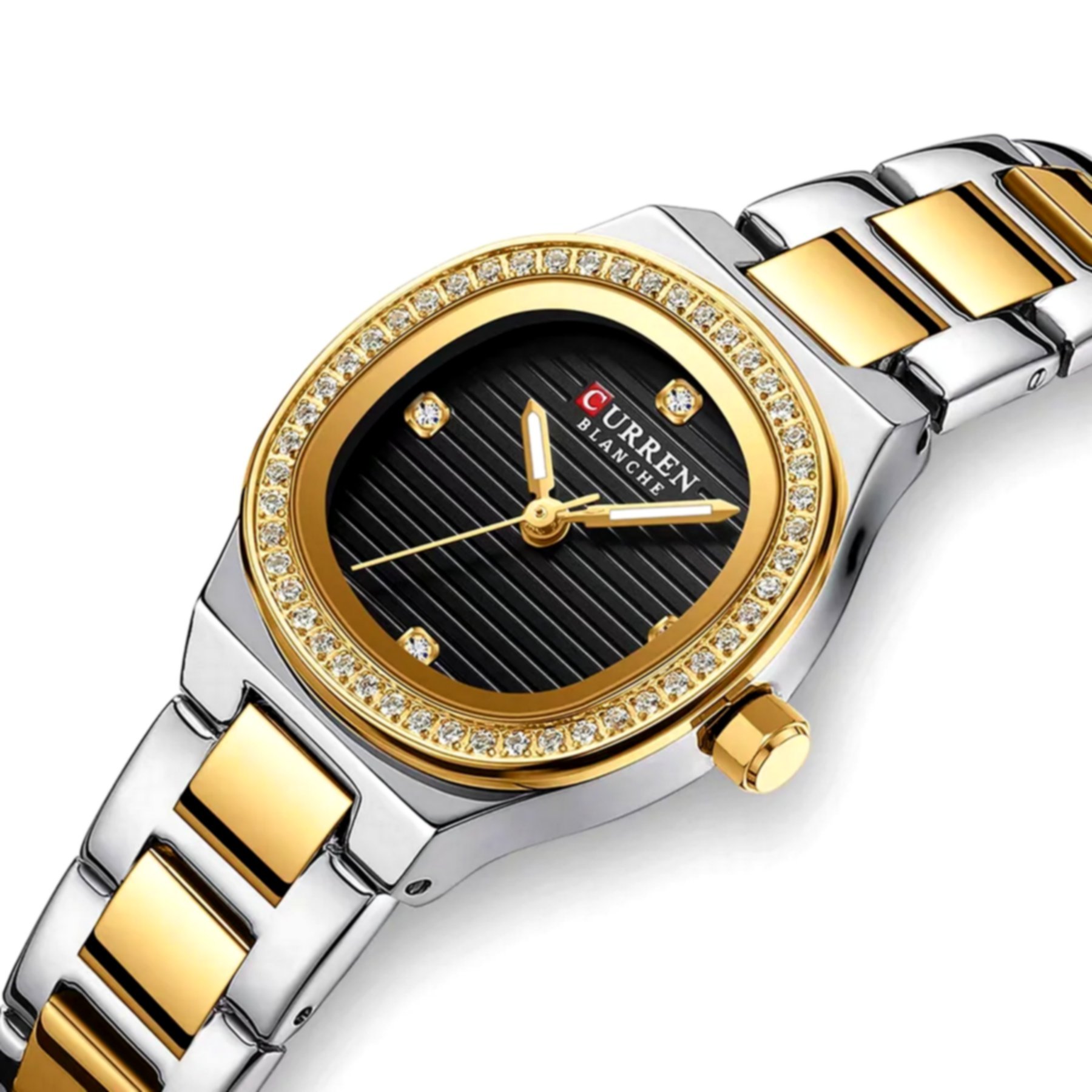 Relogio feminino casual de quartzo com strass em aco inoxidavel impermeavel 3atm Prata/Dourado/Preto 2