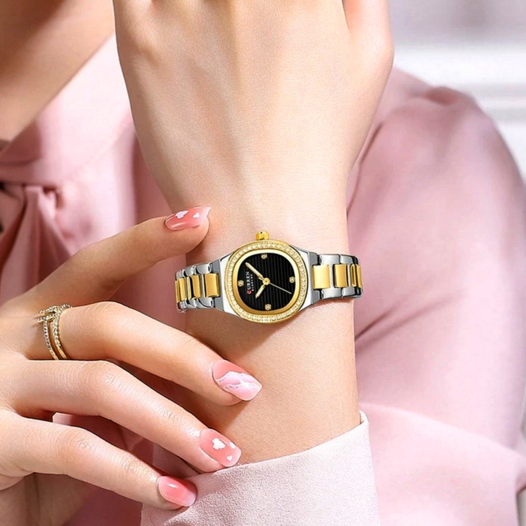 Relogio feminino casual de quartzo com strass em aco inoxidavel impermeavel 3atm Prata/Dourado/Preto 3